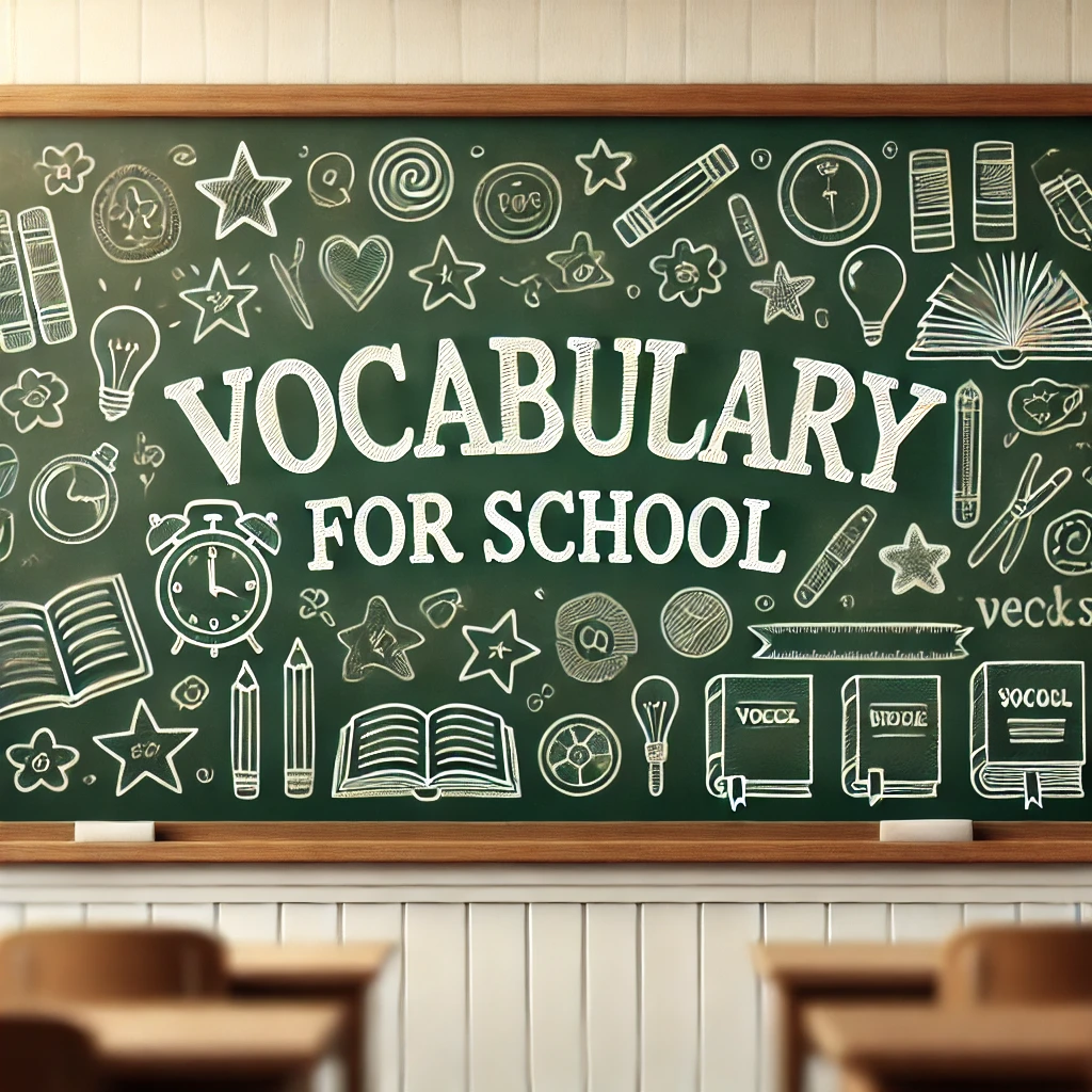 Pizarra verde en un salón con la palabra VOCABULARY FOR SCHOOL y iconitos escolares dibujados alrededor