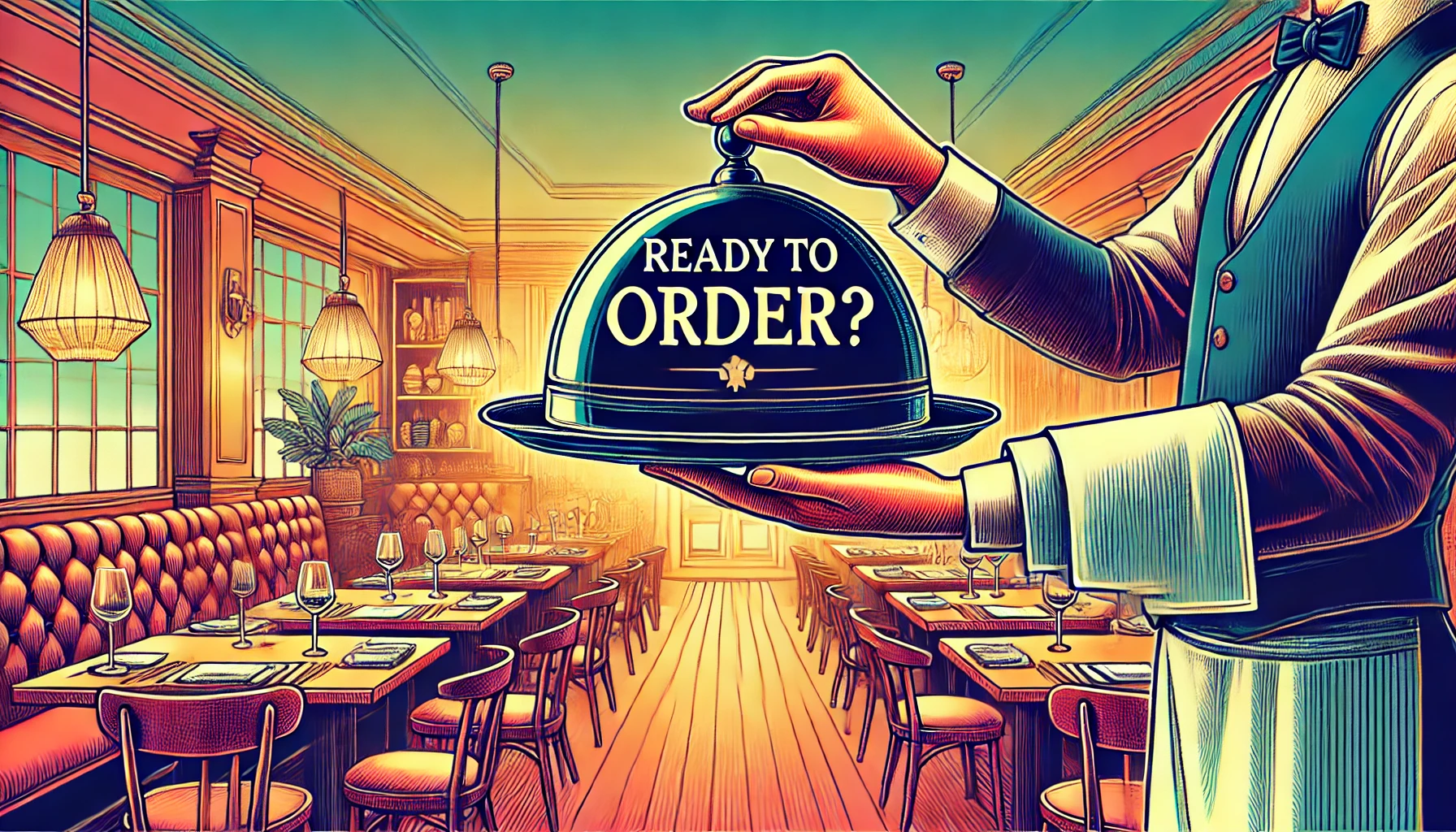 ilustracion de manos de un mesero sosteniendo una bandeja con la expresion READY TO ORDER? y fondo de restaurante