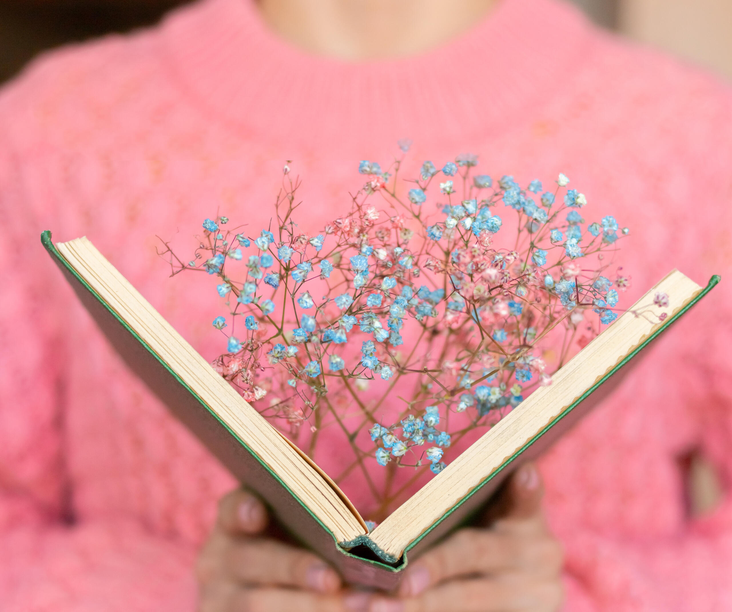 vista de mujer sosteniendo un libro abierto del que salen flores