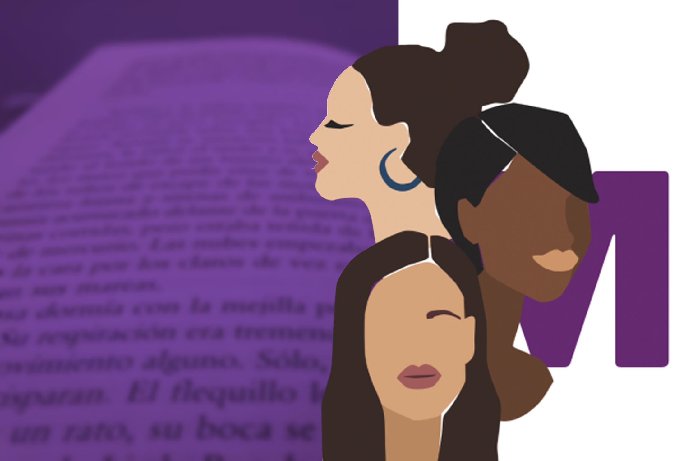 ilustracion de 3 mujeres junto a una foto de paginas de libro en color morado