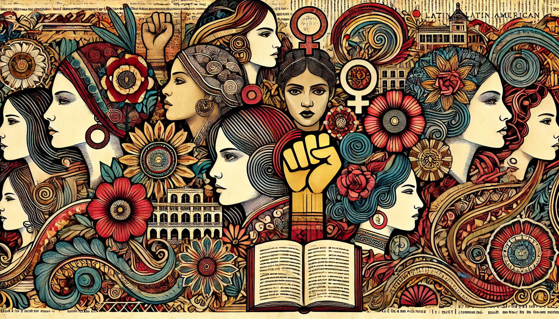 collage con libros fromas de flores y rostros de mujeres con un puño feminista de lucha en medio
