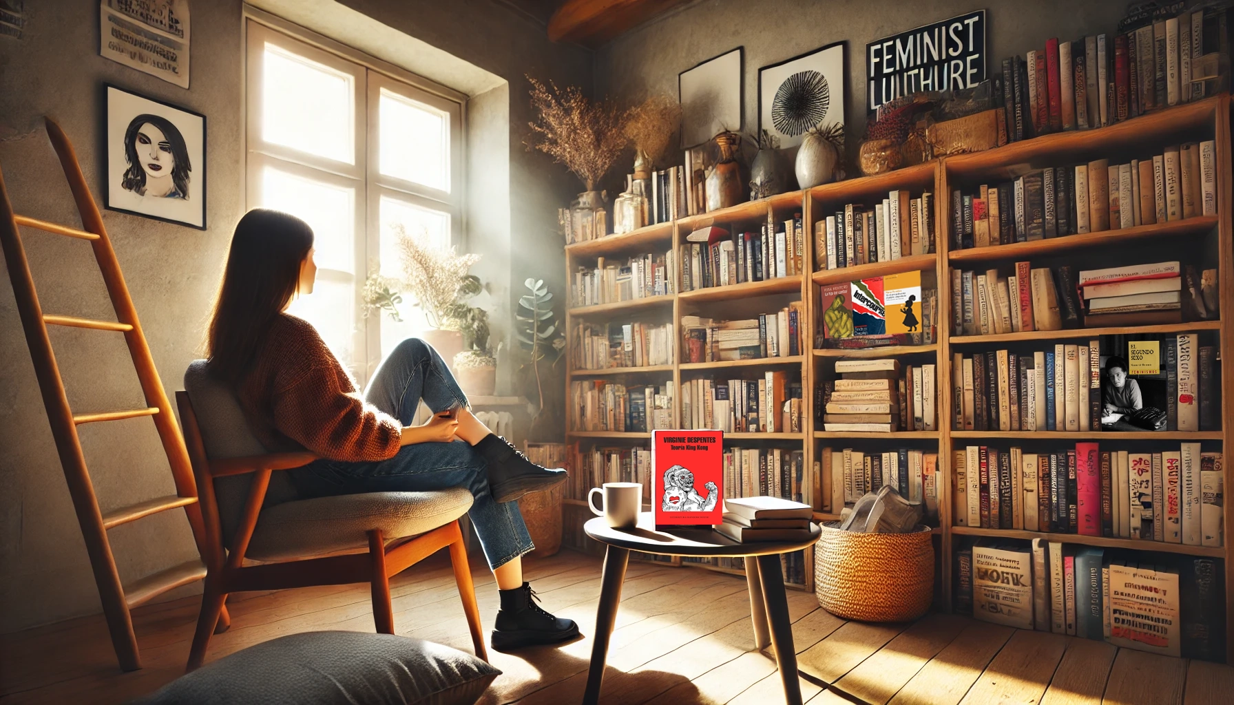 mujer sentada en una silla contemplando un estante de libros en casa