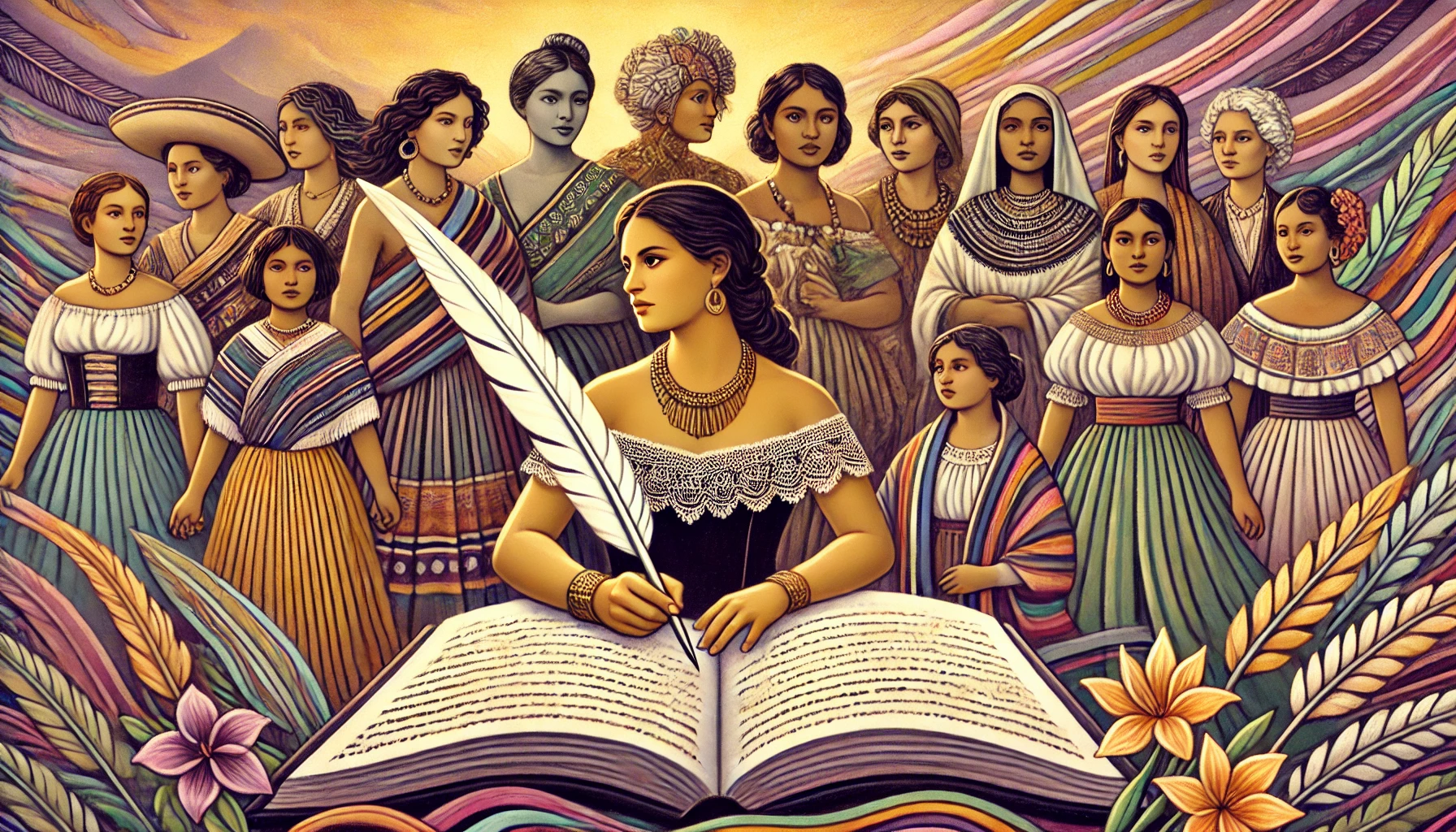 mujer con un libro y pluma gigante con un grupo de mujeres detrás de ella acompañándola