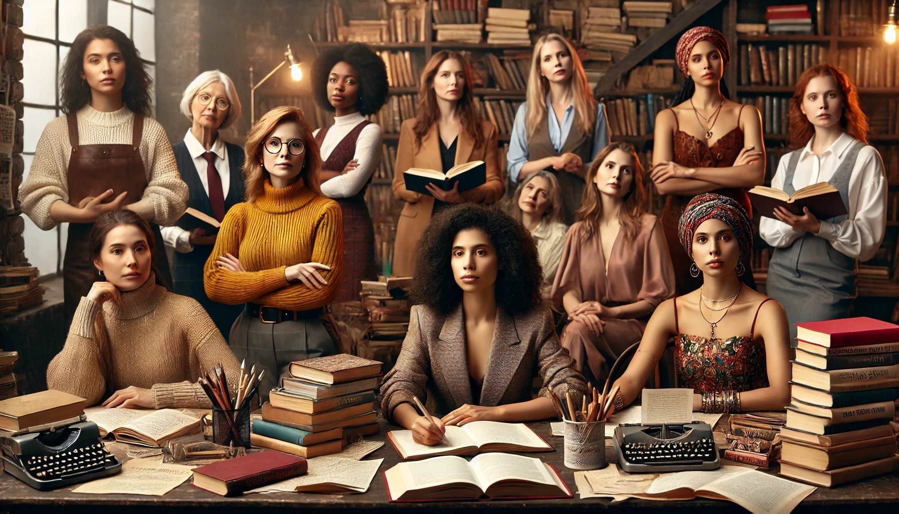 grupo de mujeres reunidas en una biblioteca mirando a la cámara con poses empoderadas y con libros o lapices en las manos