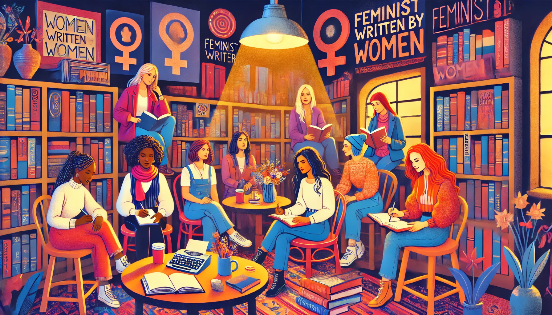 ilustración colorida de mujeres juntas sentadas entre libros