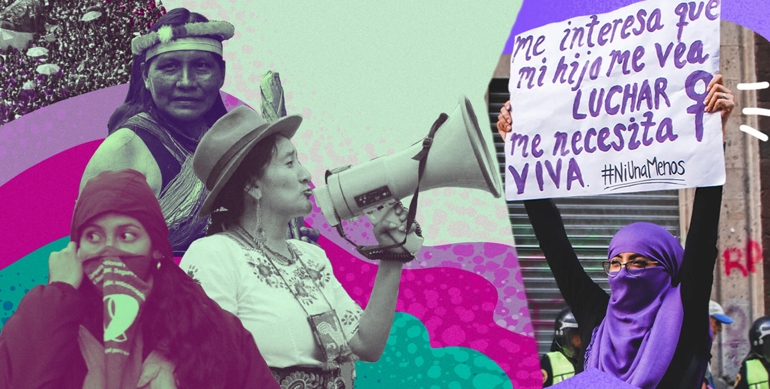 collage de mujeres alzando su voz con pancarta y megafono