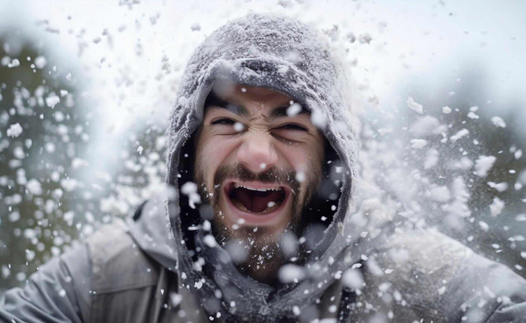 chico riéndose en medio de los copos de nieve que caen a su alrededor
