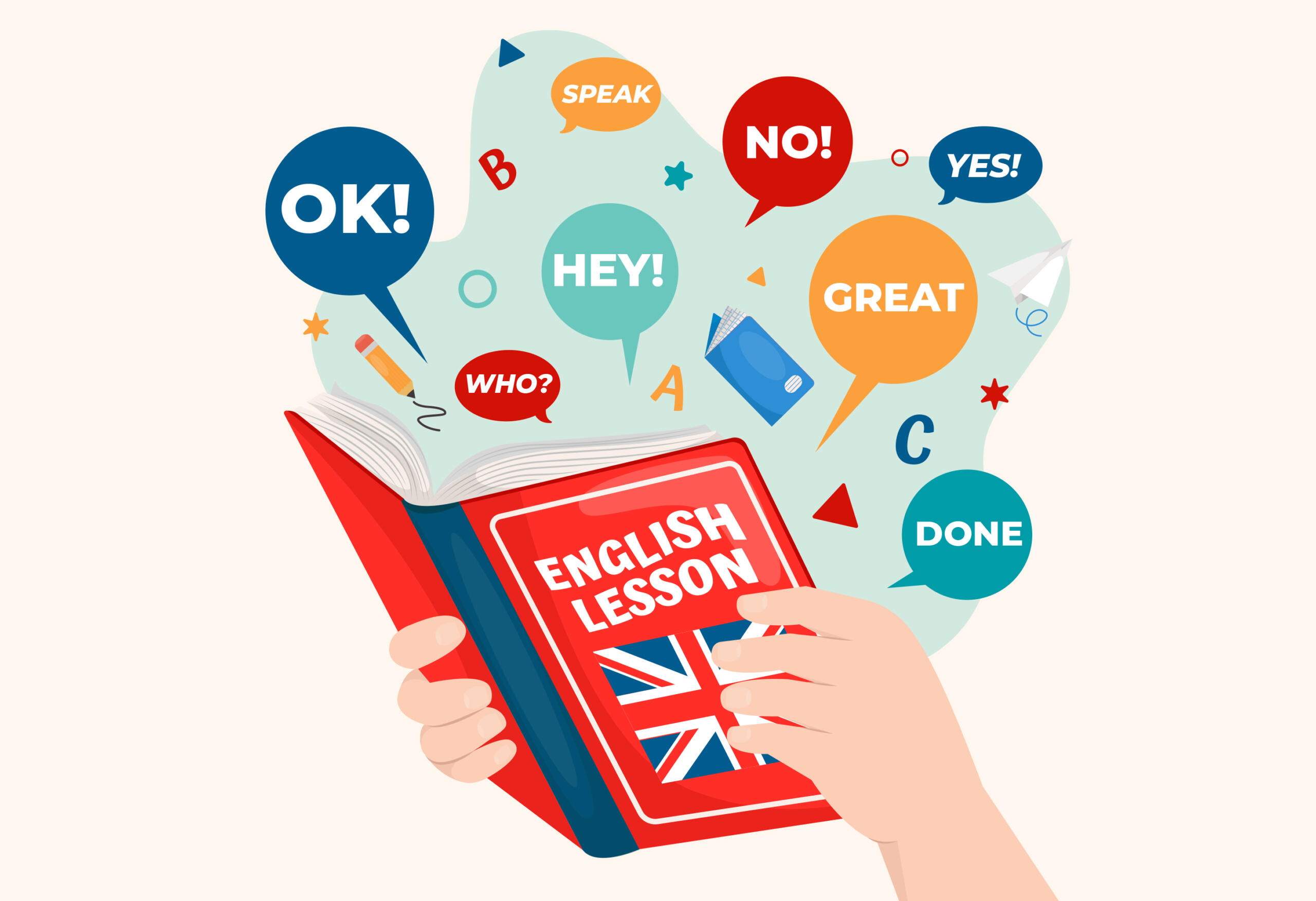 ilustración de manos sosteniendo un libro de inglés con globos de expresiones saliendo de entre las páginas: OK, HEY, NO, SPEAK, GREAT y más