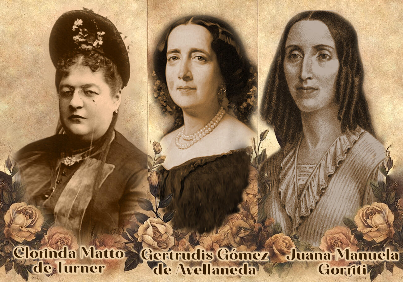 Collage vintage con las ilustraciones retrato de Clorinda Matto de Turner, Gertrudis de Avellaneda y Juana Manuela Gorriti