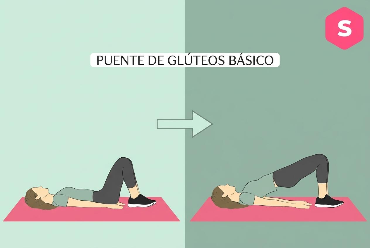 Imagen del ejercicio de puente de glúteos con el logo de Superprof.