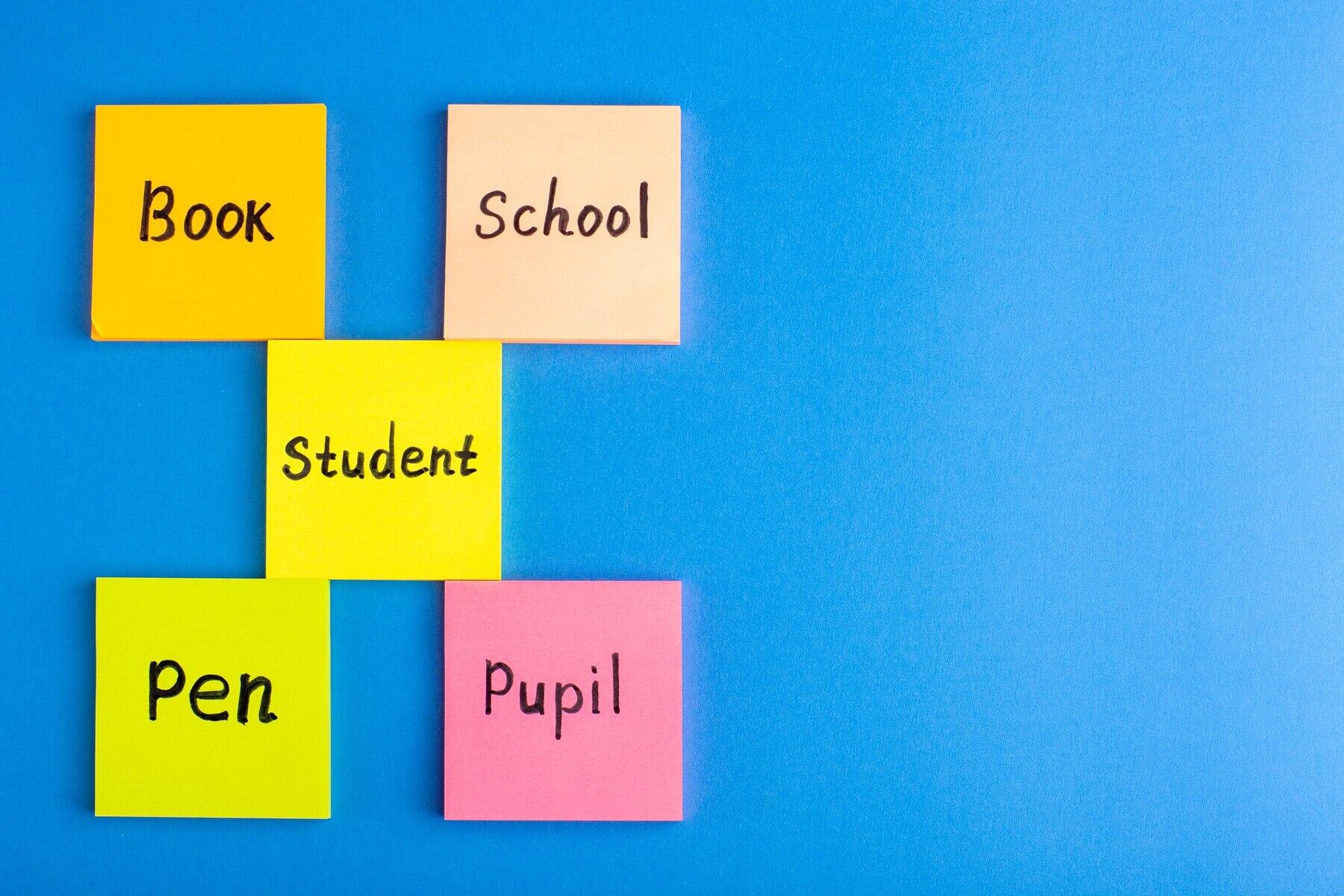 cinco post-its con las palabras en inglés BOOK, SCHOOL, STUDENT, PEN y PUPIL
