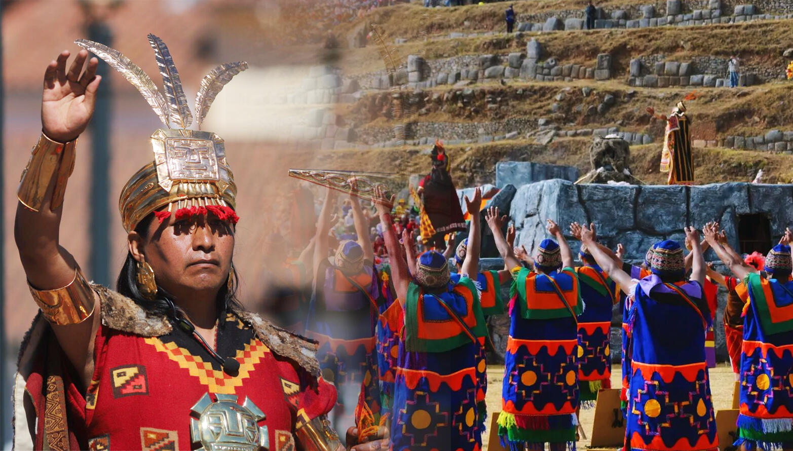 collage con vista de inca de cerca y otra imagen completa de la ceremonia