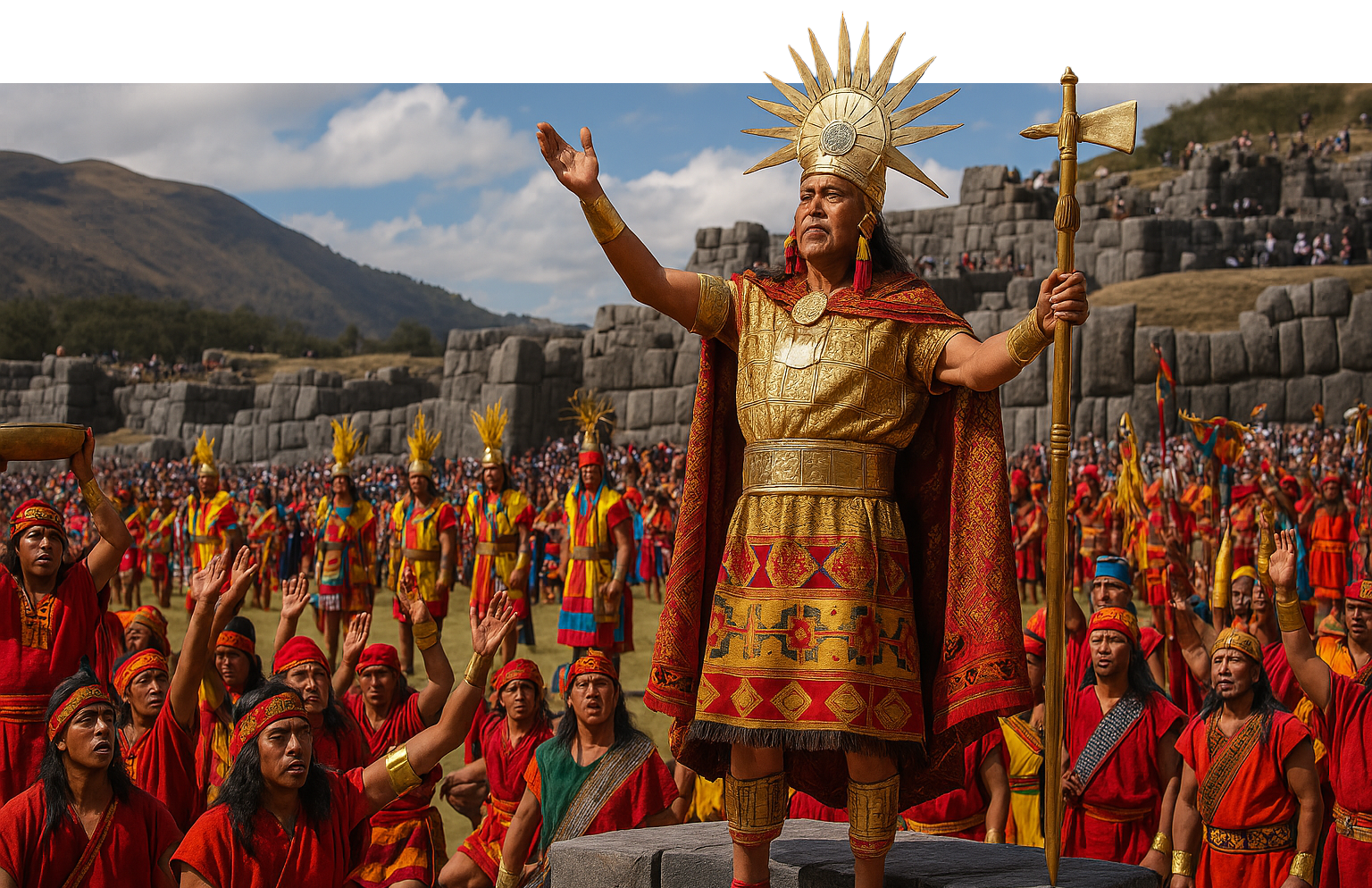foto representativa de un inca junto a todo su pueblo celebrando el inti raymi en Saqsaywaman