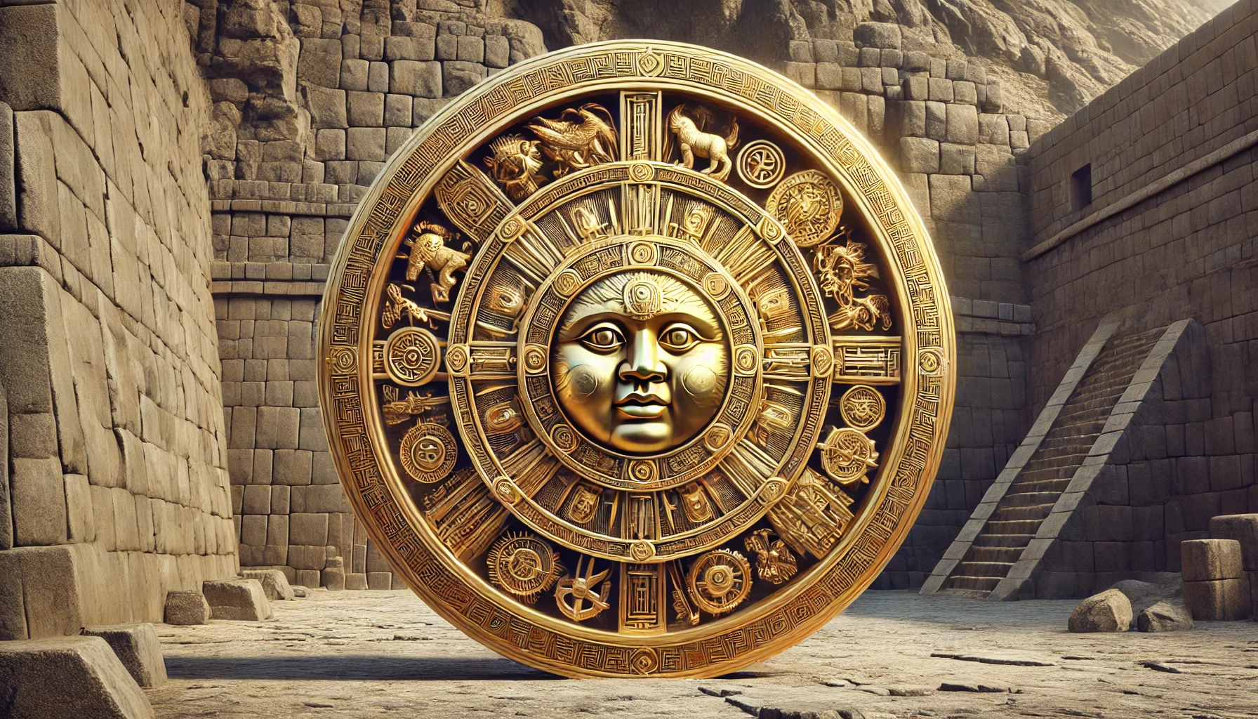 pieza redonda de oro gigante del dios inti en medio de un templo inca