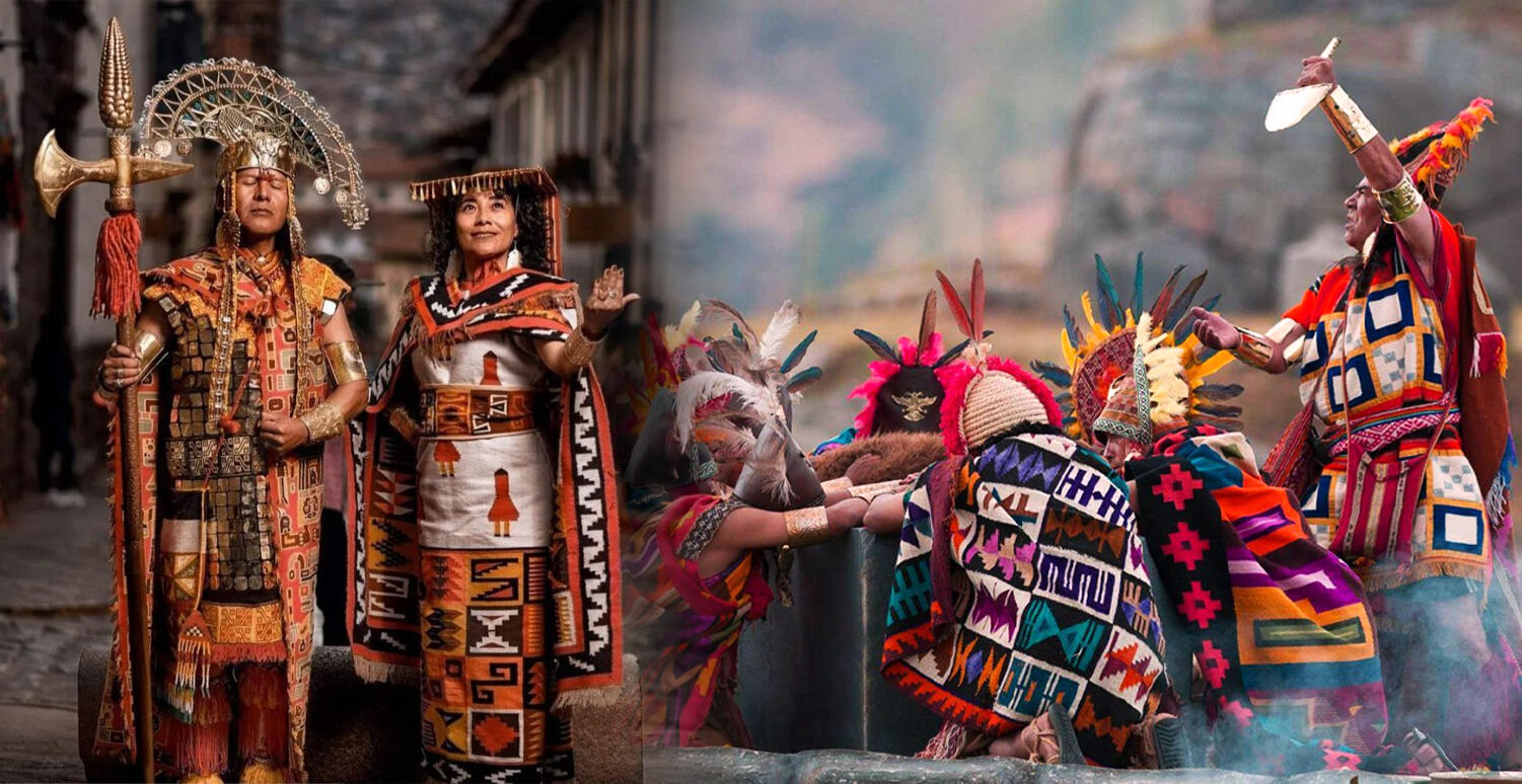 collage con la imagen del inca y coya con su vestimenta típica y otra foto de la ceremonia Inti Raymi