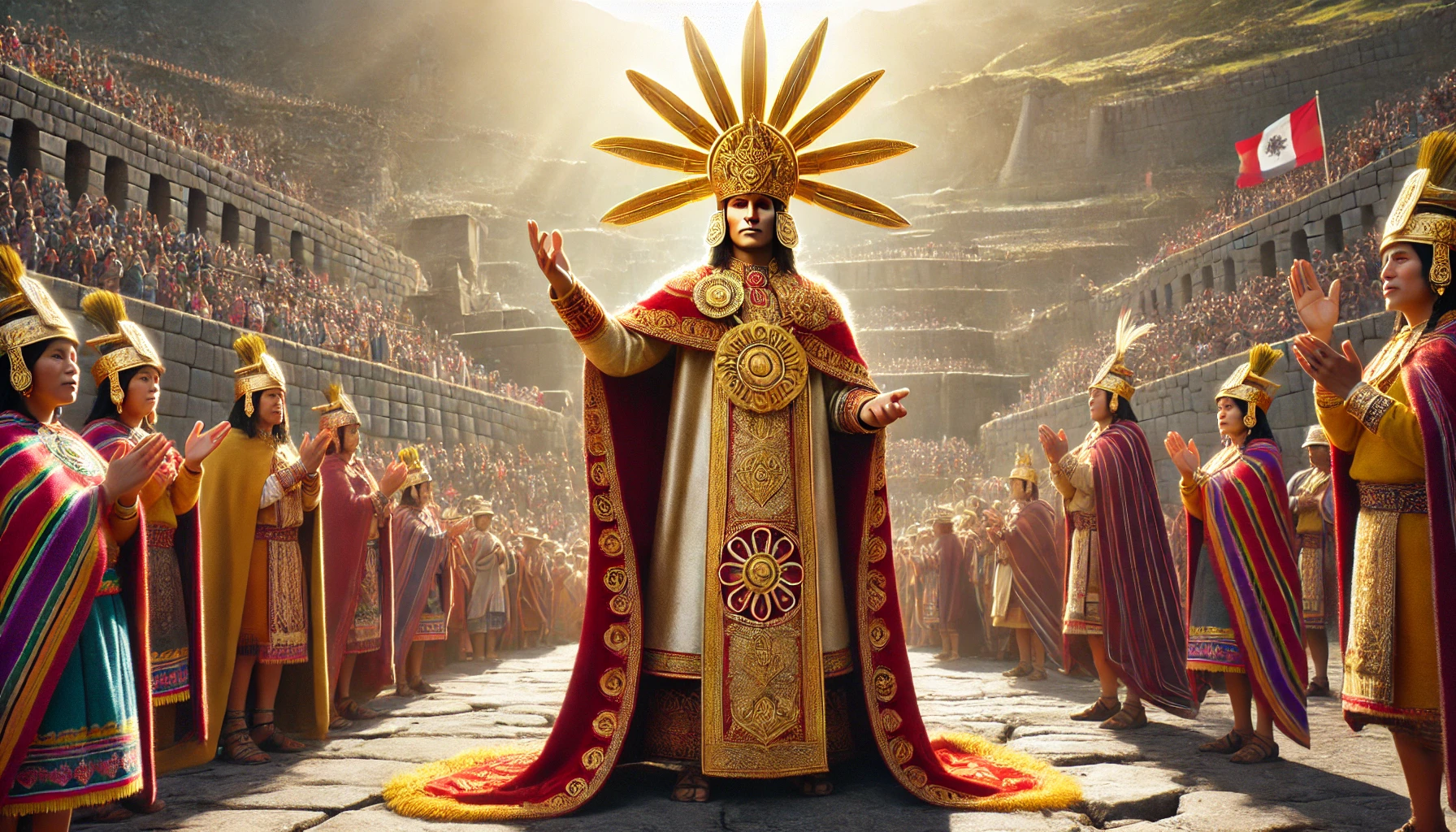 inca en el medio iluminado con el sol con una multitud de gente alrededor