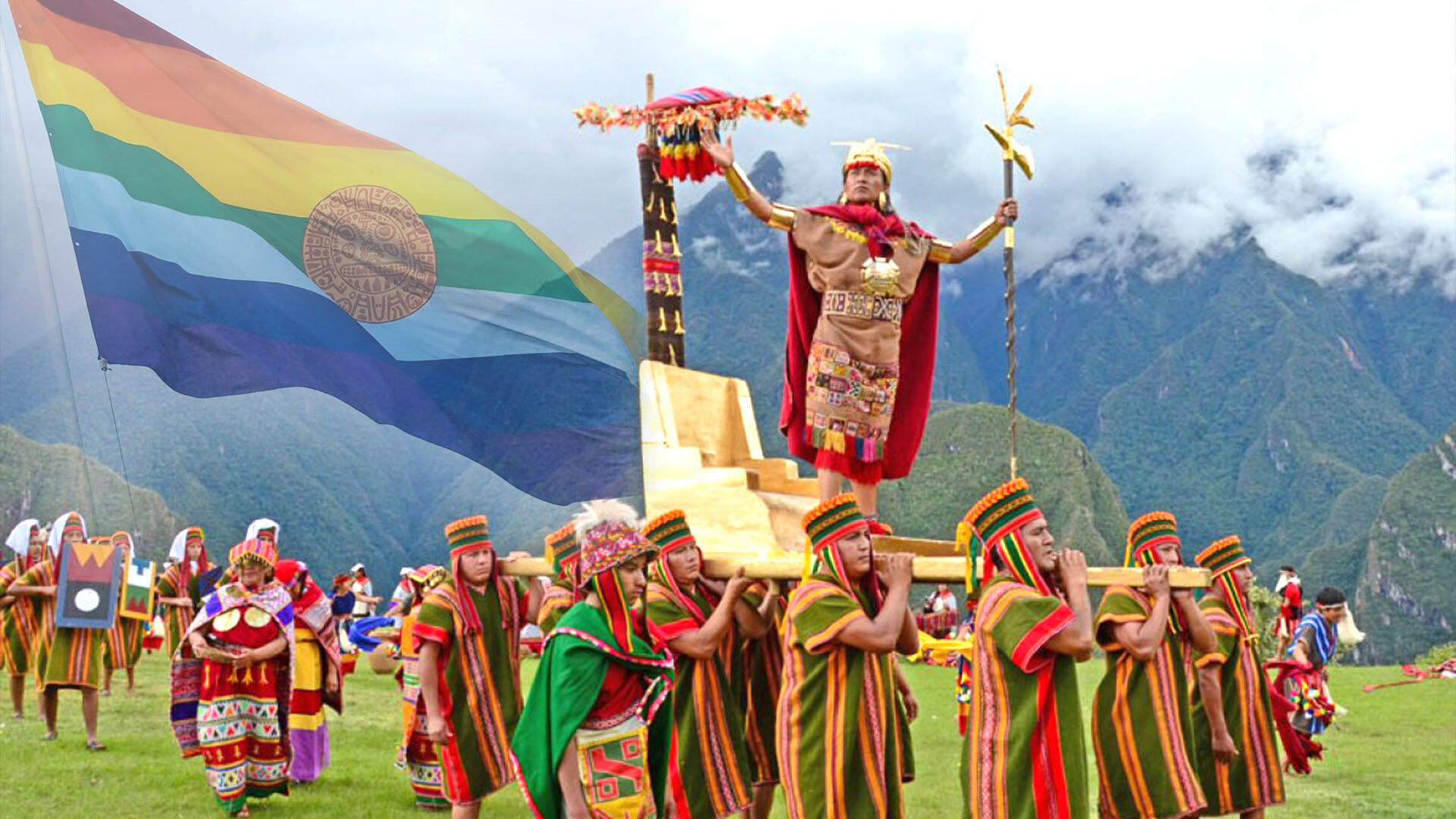 Representación inca con la bandera del Tahuantinsuyo de fondo