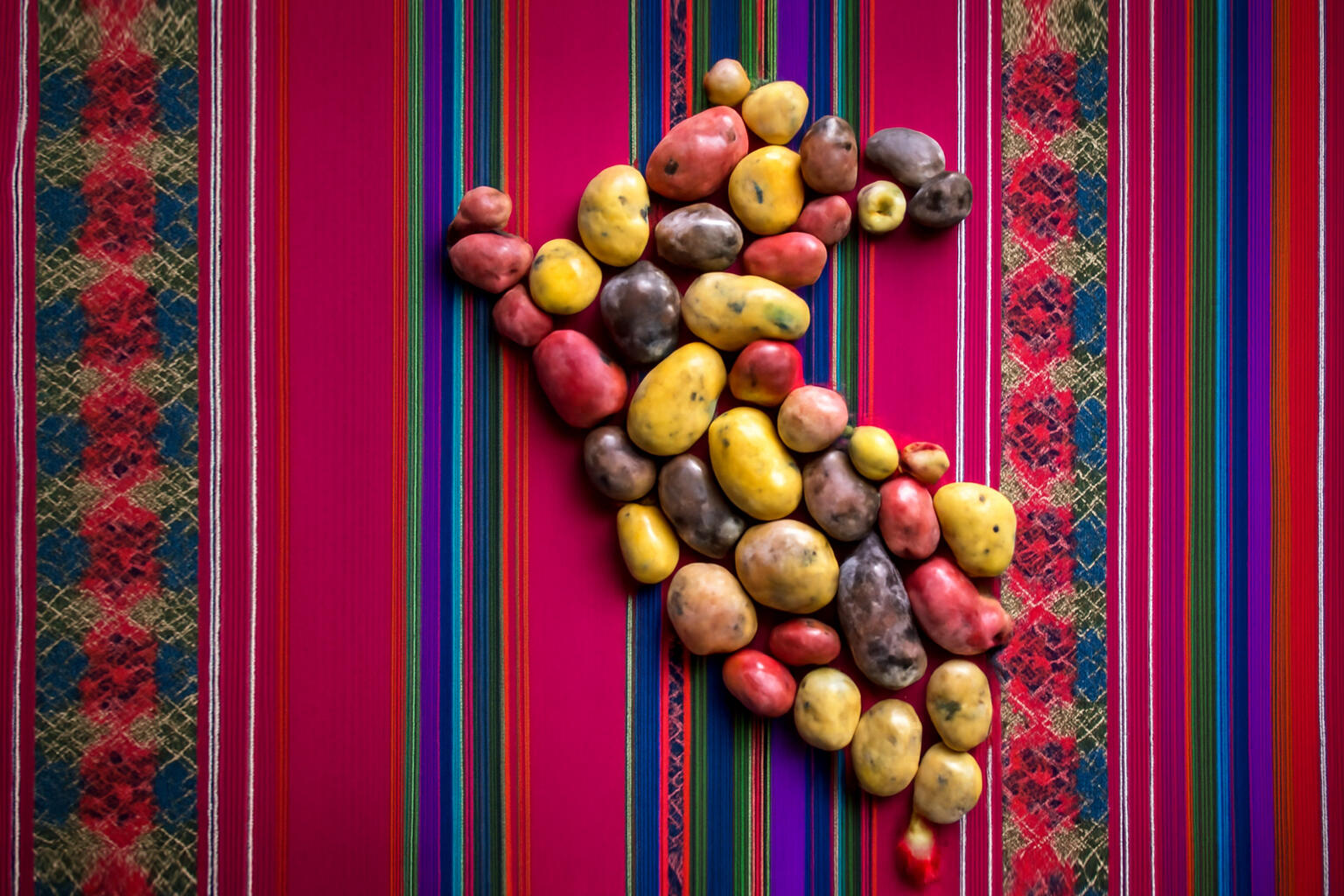 vista cenital de un manto andino con un mapa del peru formado por papas diversas