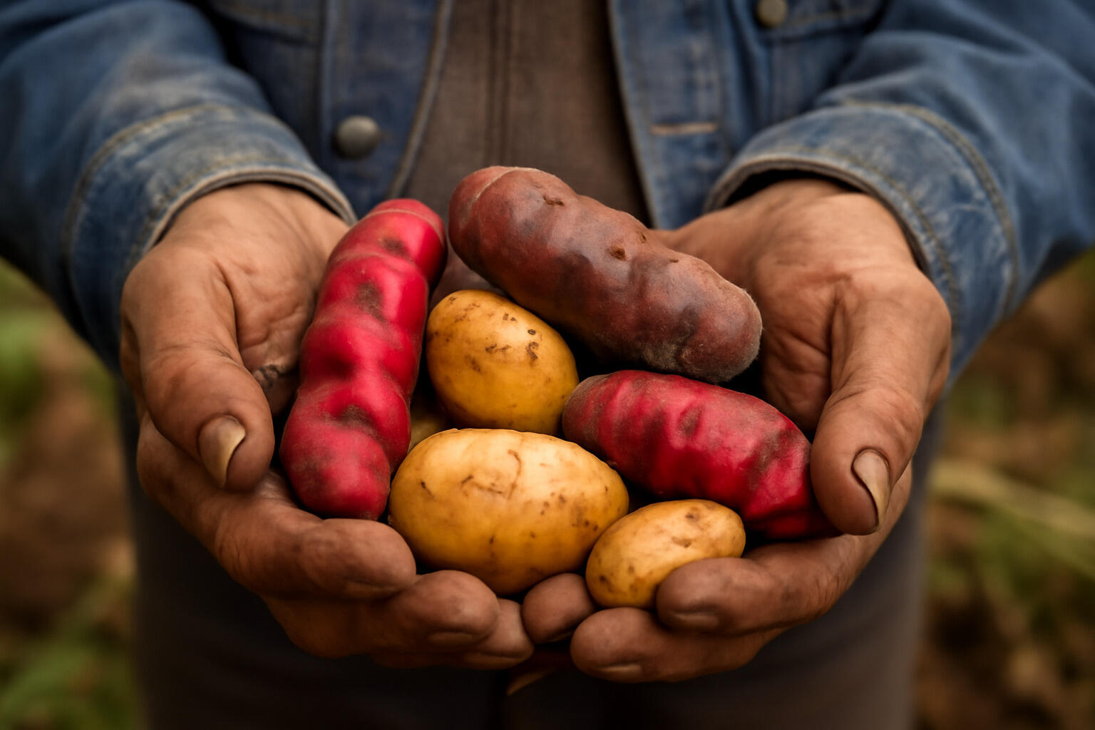 manos de un agricultor sosteniendo papas variadas recién cosechadas