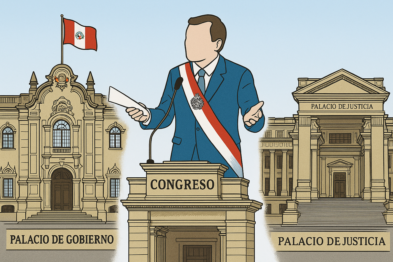 ilustración con una vista de palacio de gobierno, congresista en pleno de congreso y palacio de justicia juntos