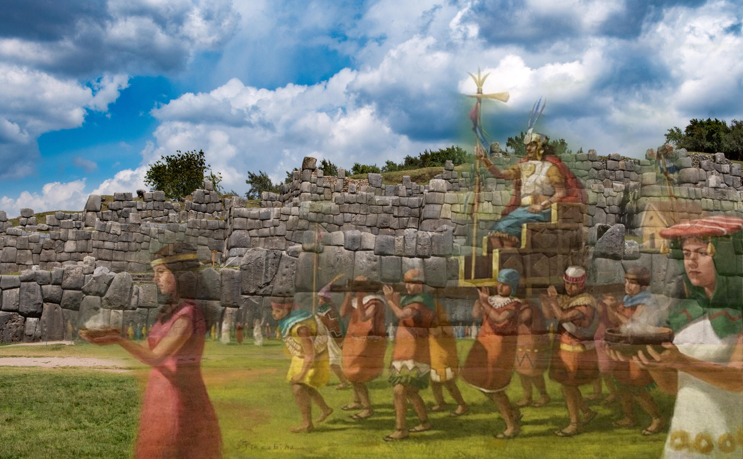 vista de Sacsayhuaman con imagen de los incas antiguos medio trasparentes caminando sobre la fortaleza