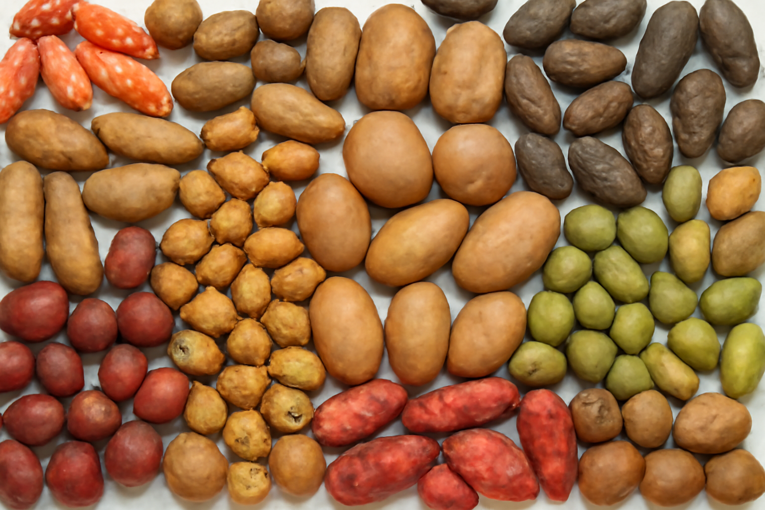 vista cenital de diferentes tipos de papas agrupadas sobre un fondo blanco