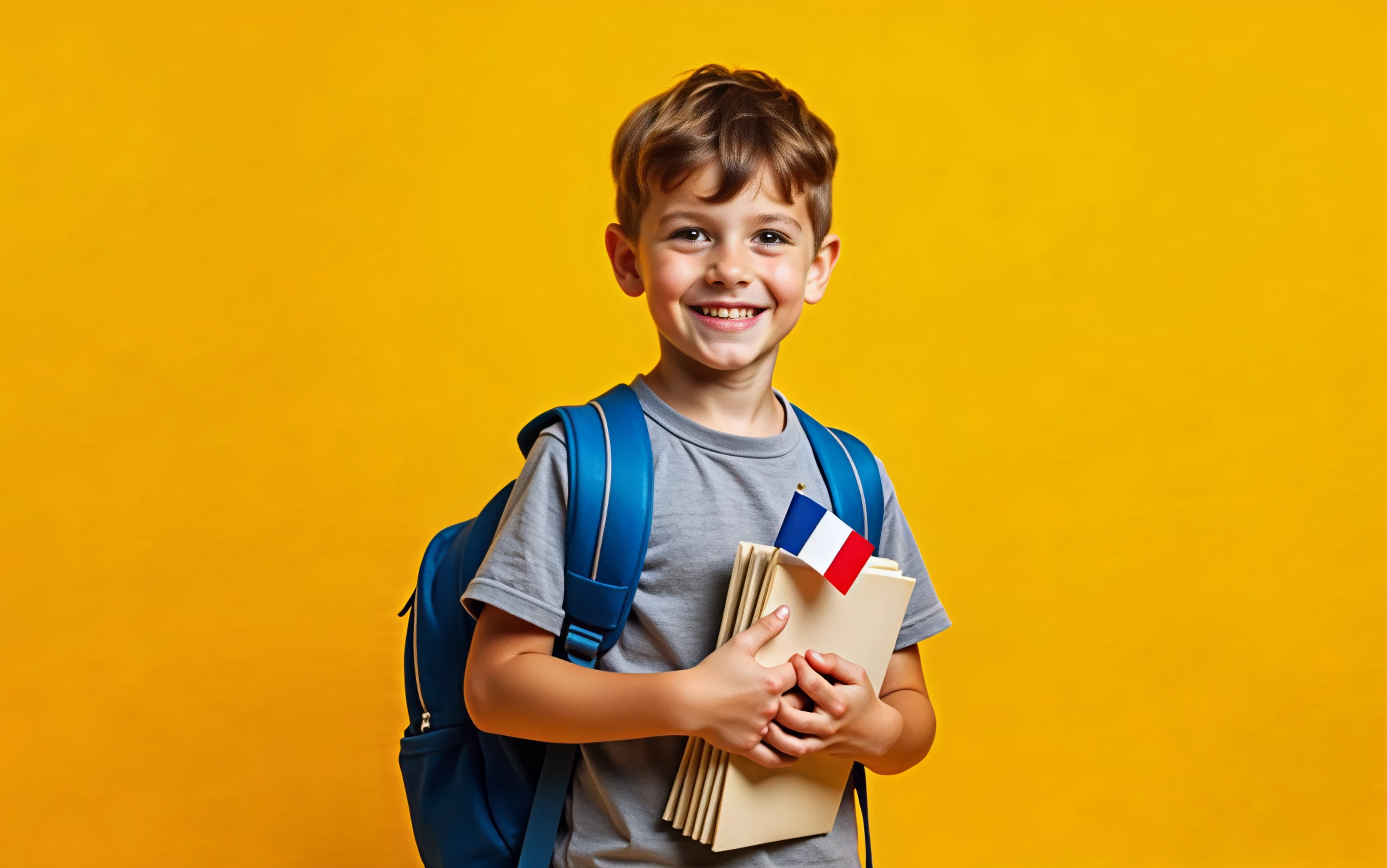 niño creado con ia sosteniendo libros y un banderín de francia