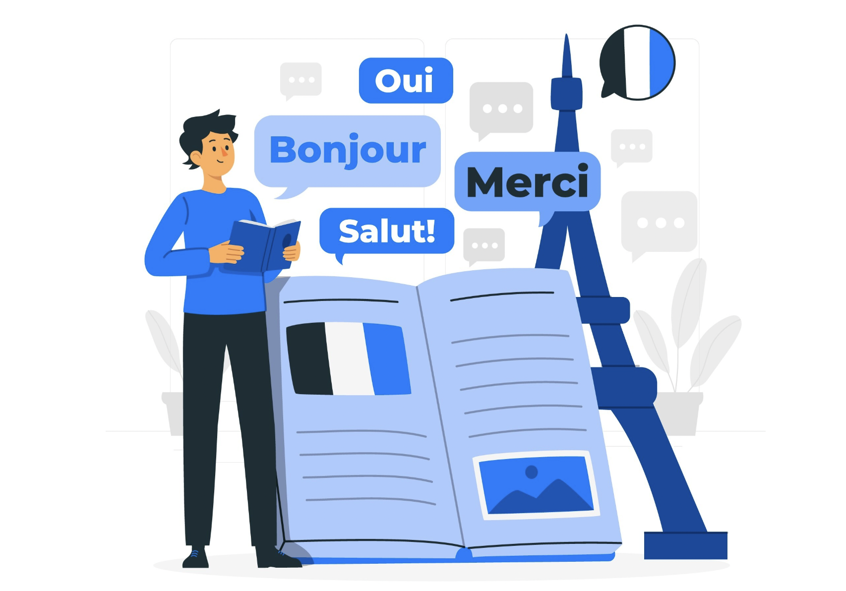 ilustración en azules de persona con un libro abierto y frases en frases flotando alrededor, con la torre eiffel de fondo