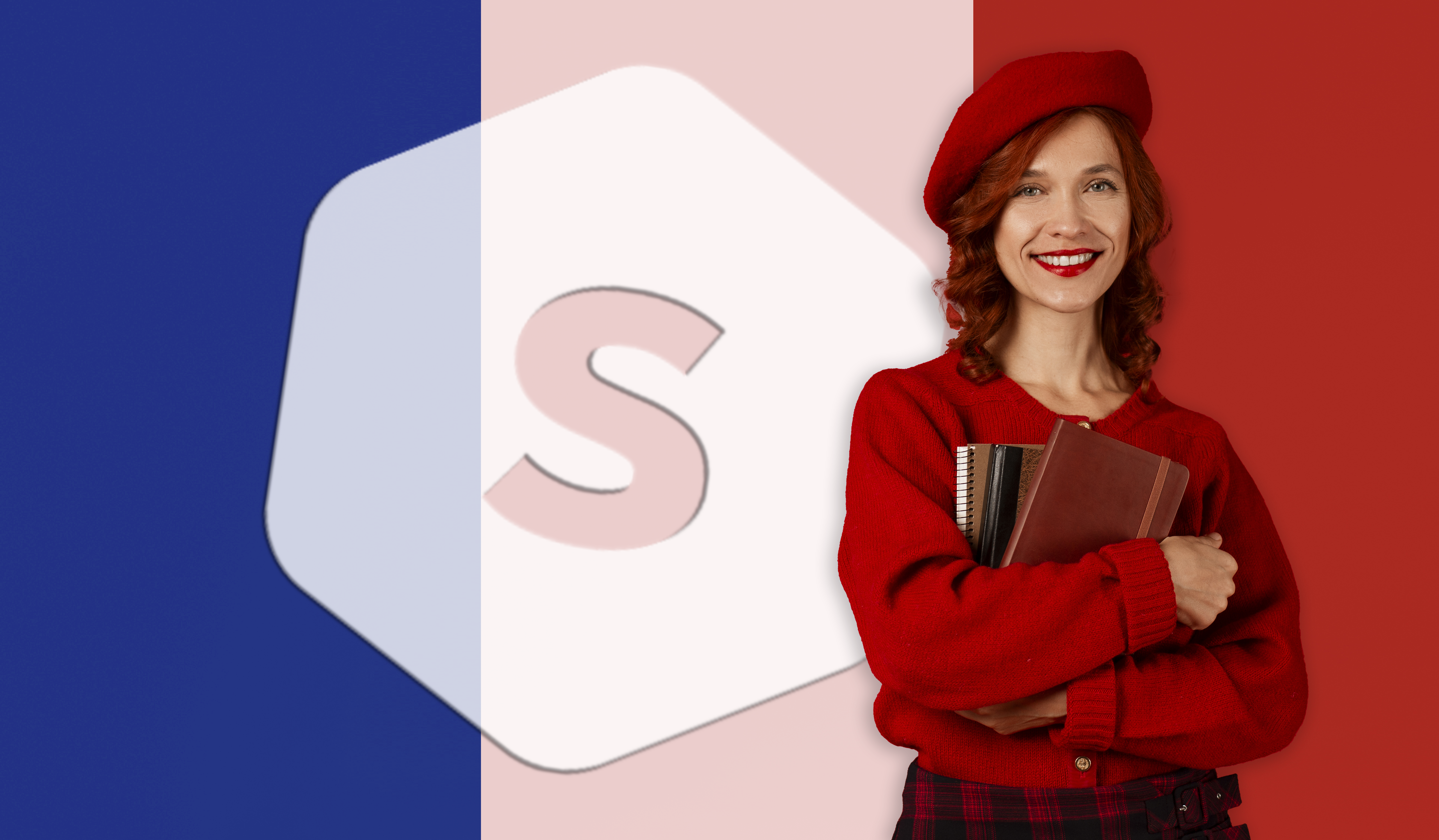foto de chica vestida de rojo con boina y libros apoyada sobre un fondo con la bandera francesa y el logo de Superprof