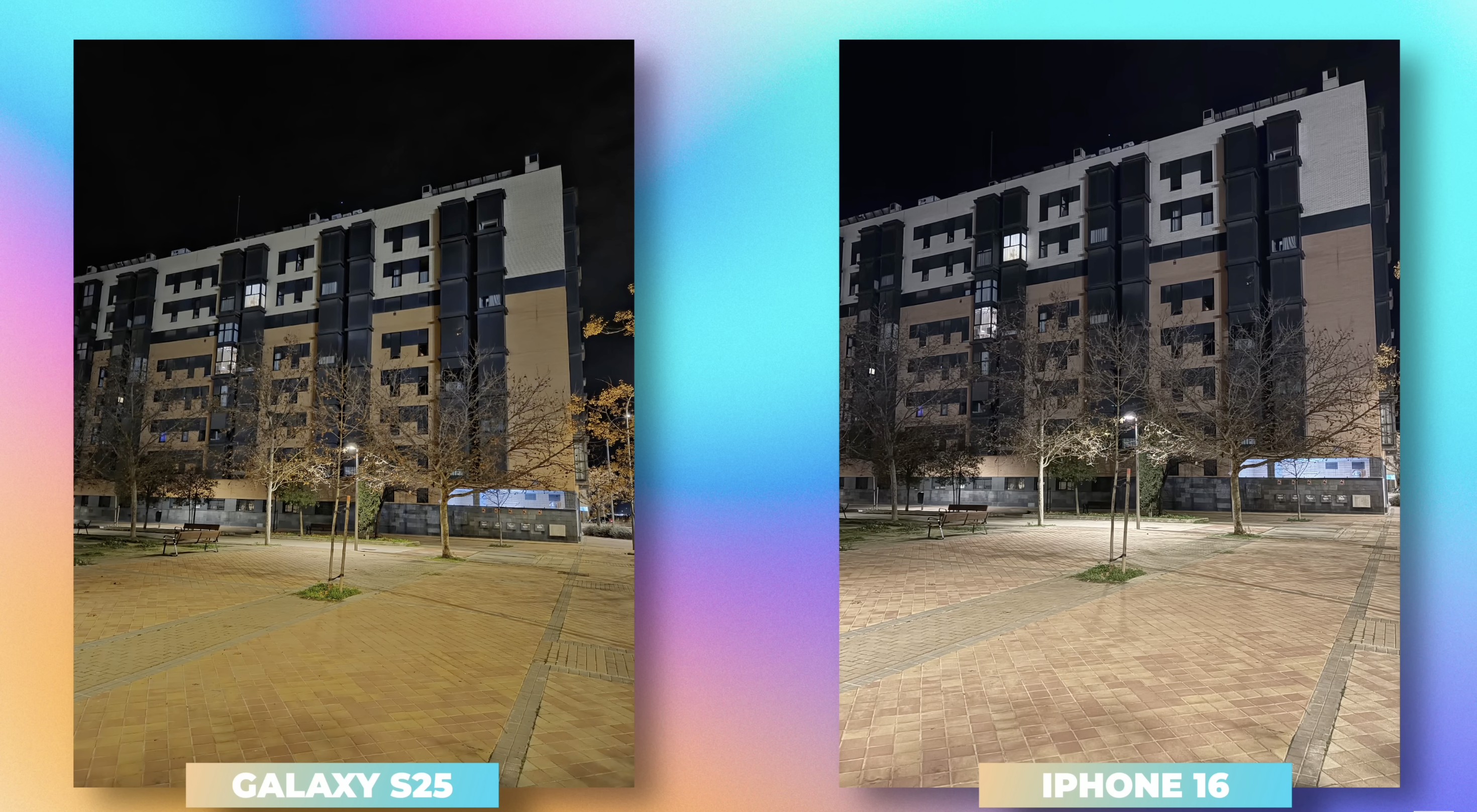 comparativo de fotos nocturnas con galaxy S25 y iPhone 16