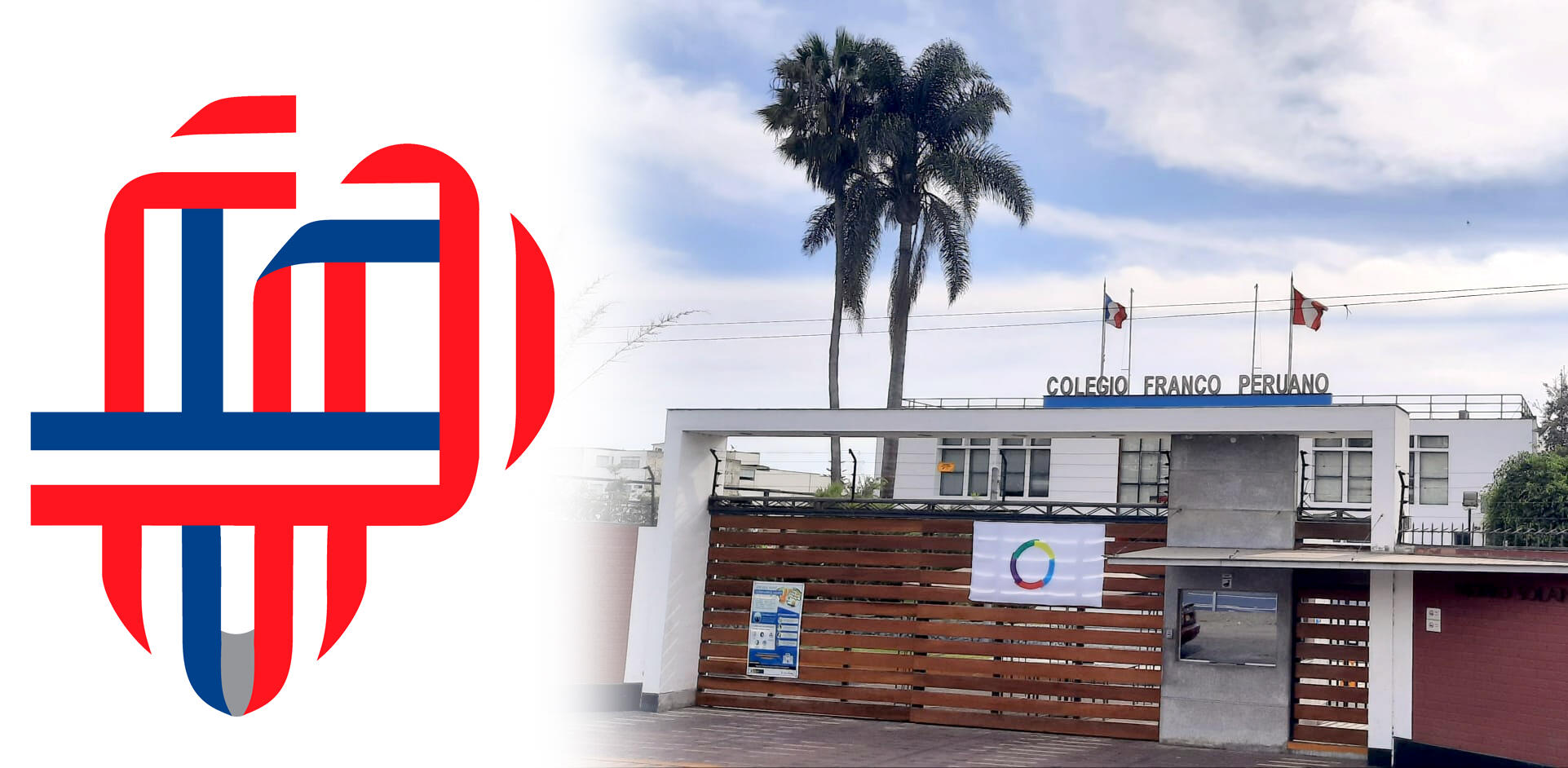 collage de fachada de un colegio franco peruano junto al logo