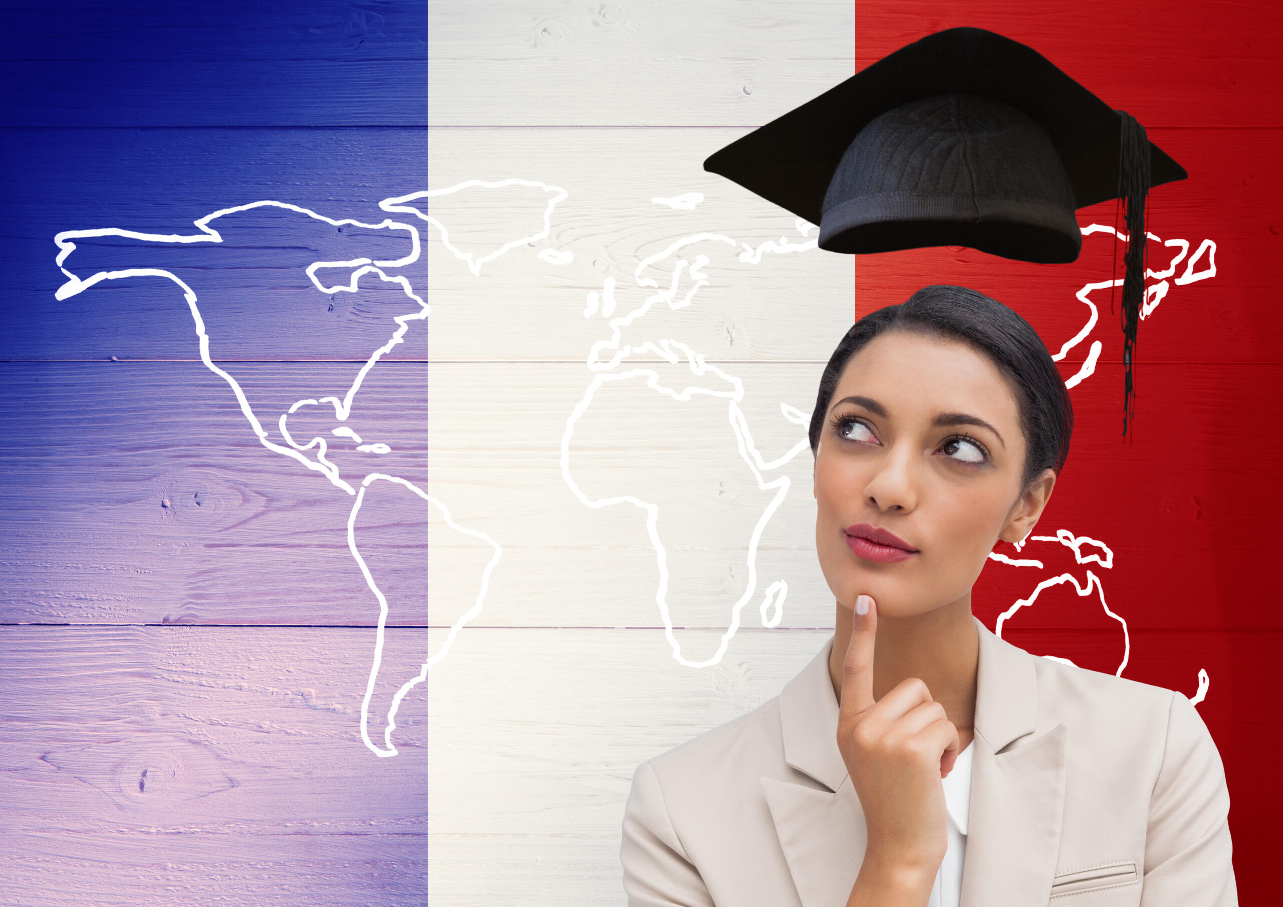 chica pensativa mirando un mapa mundi que tiene la bandera de francia sobreexpuesta