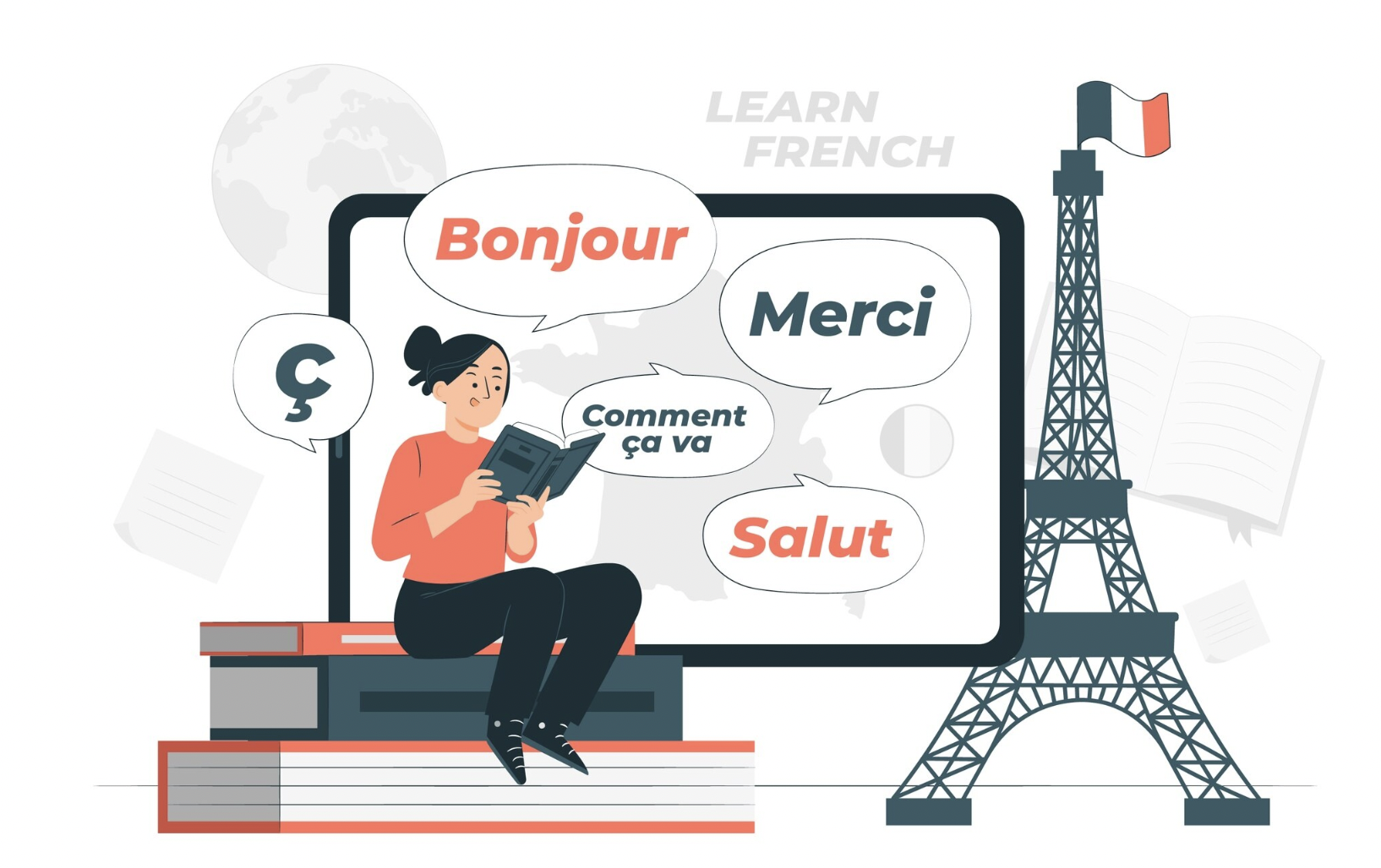ilustración de chica con libros en mano y de fondo la torre eiffel con varios globitos flotando con palabras en frances: bonjour, salut, merci, comment ca va