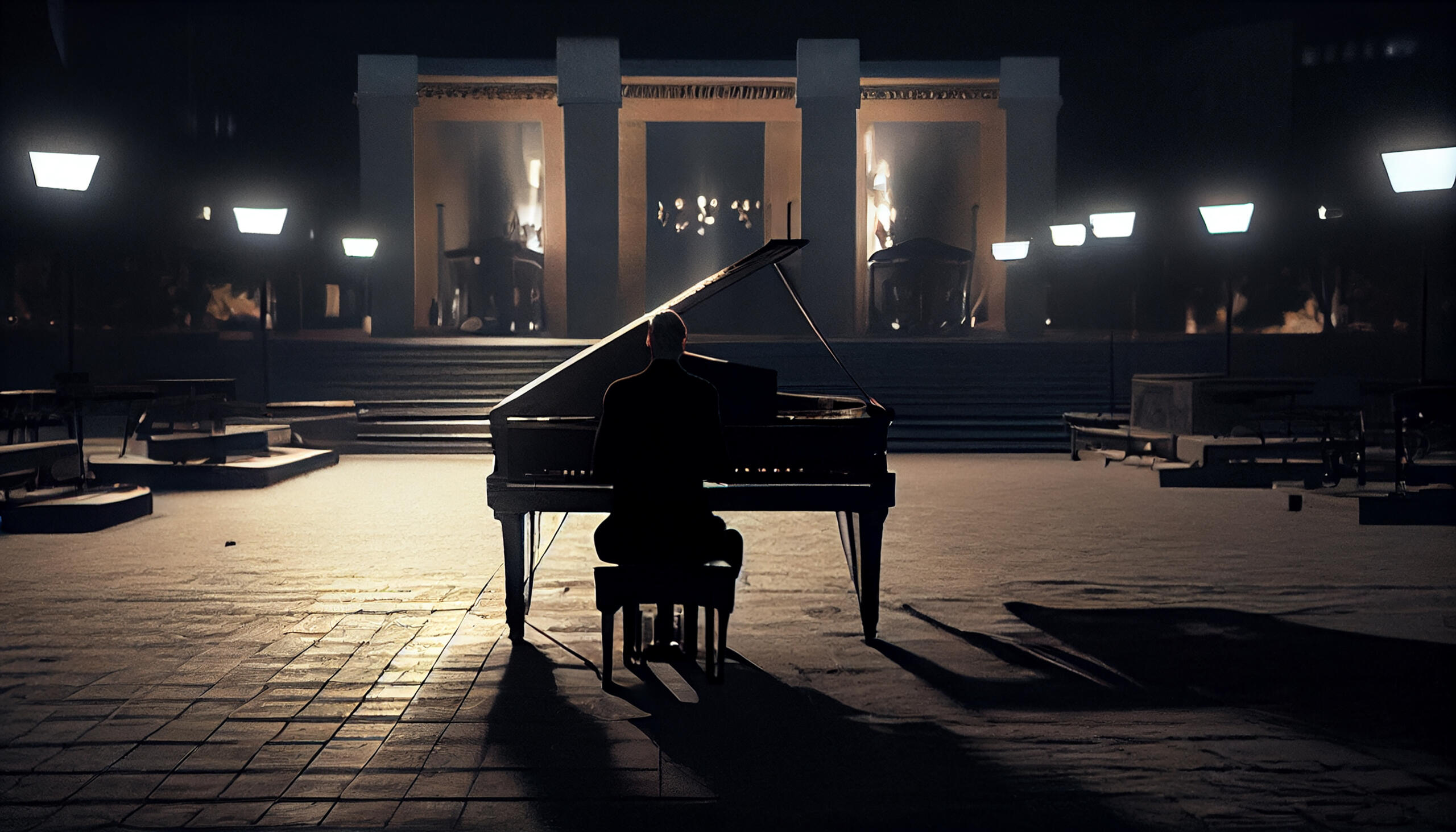 vista de una silueta de pianista sentado de espaldas en escenario presentándose