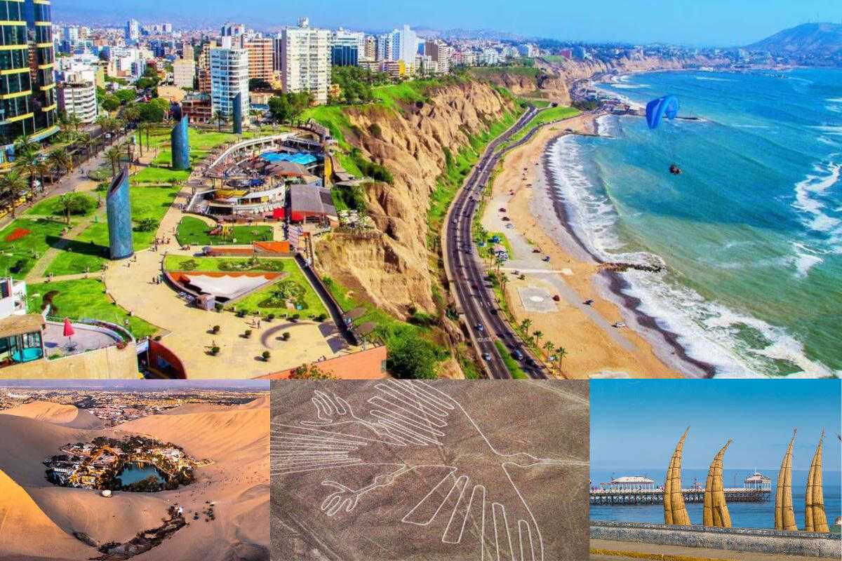 collage con cuatro destinos turisticos de la costa peruana: costa verde, oasis huacachina, lineas de nazca y vichayito