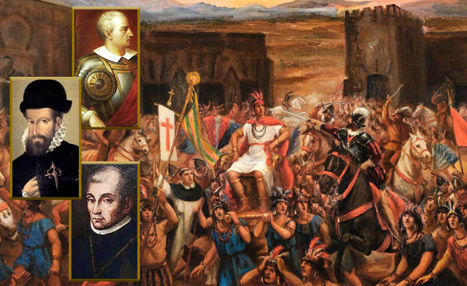 Pintura de la lucha de los incas con los conquistadores españoles y la foto de Francisco Pizarro, Diego de Almagro y Hernando de Luque en pequeños recuadros