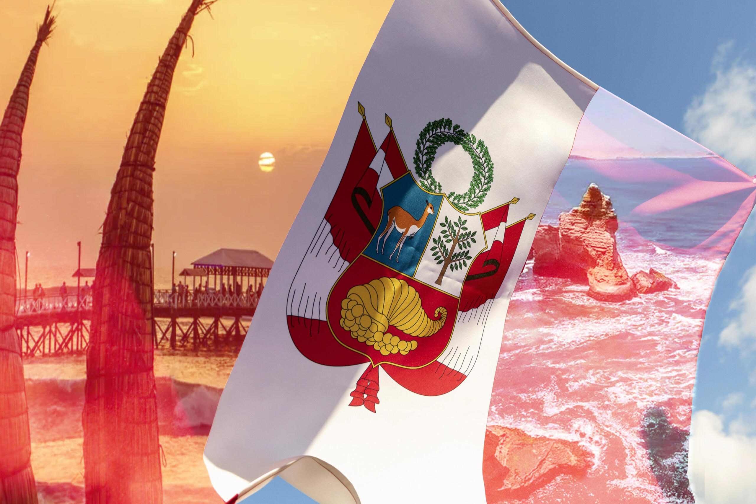 vista de la bandera del perú con paisajes superpuestos de la costa en las franjas rojas