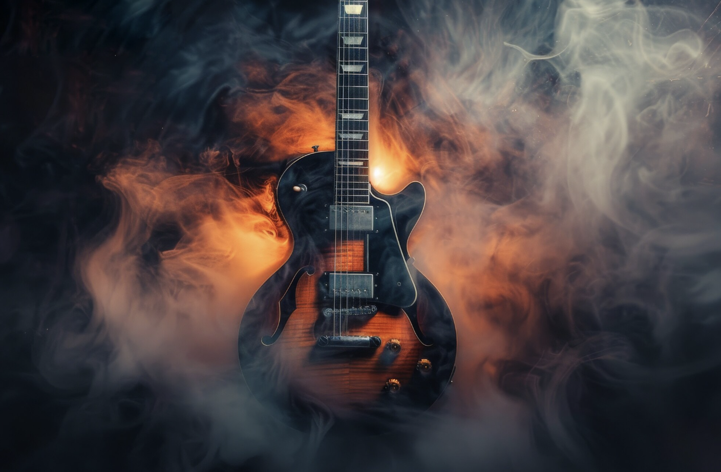 guitarra eléctrica iluminada con una luz naranja trasera y envuelta en una niebla
