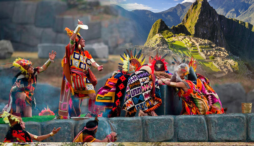 representacion de los inca con machu picchu de fondo tipo collage