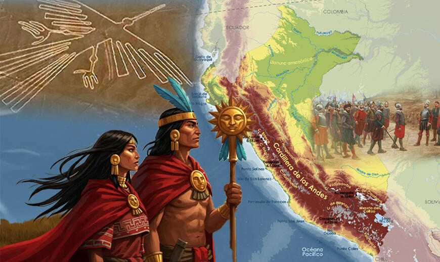 collage del mapa del peru con fragmentos de inca, mapa del peru, lineas de nazca y conquista