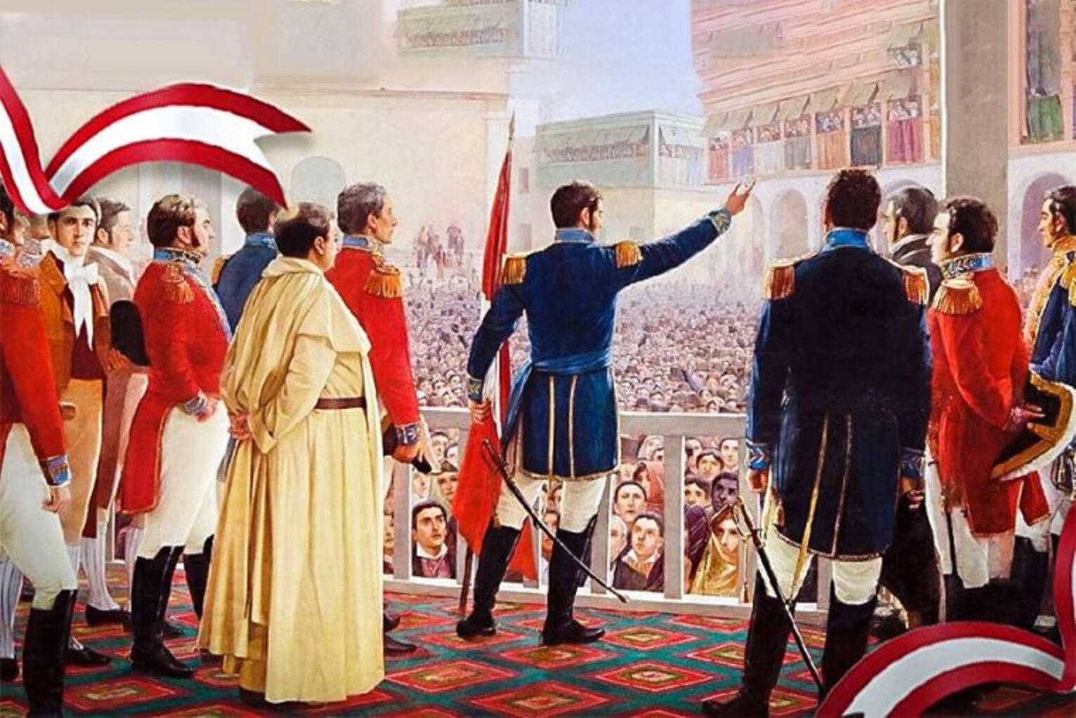 pintura de San Martin proclamando la independencia del Perú desde el balcón