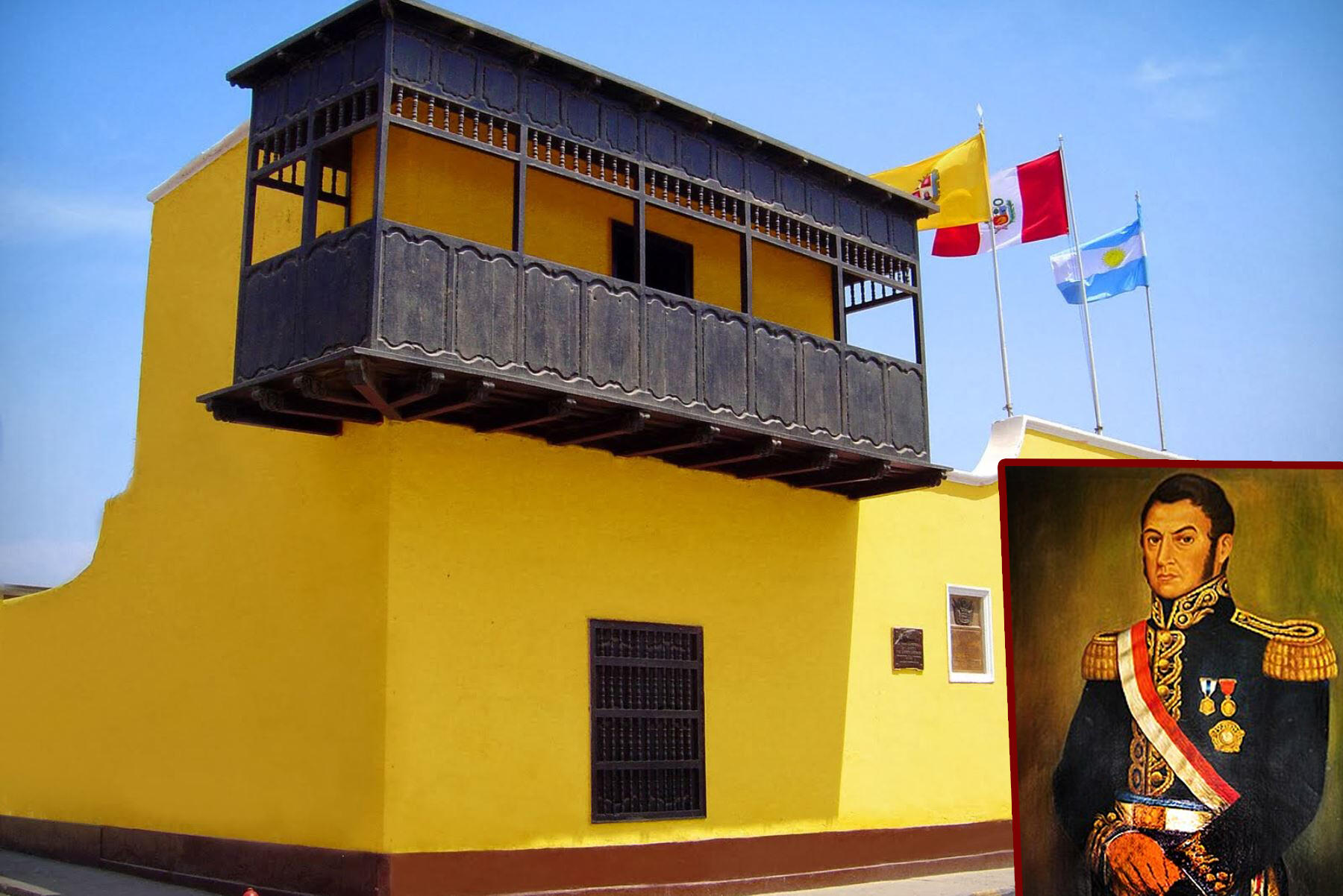 caosona amarilla con un balcón de época colonial con foto de José de San Martín en la esquina inferior derecha