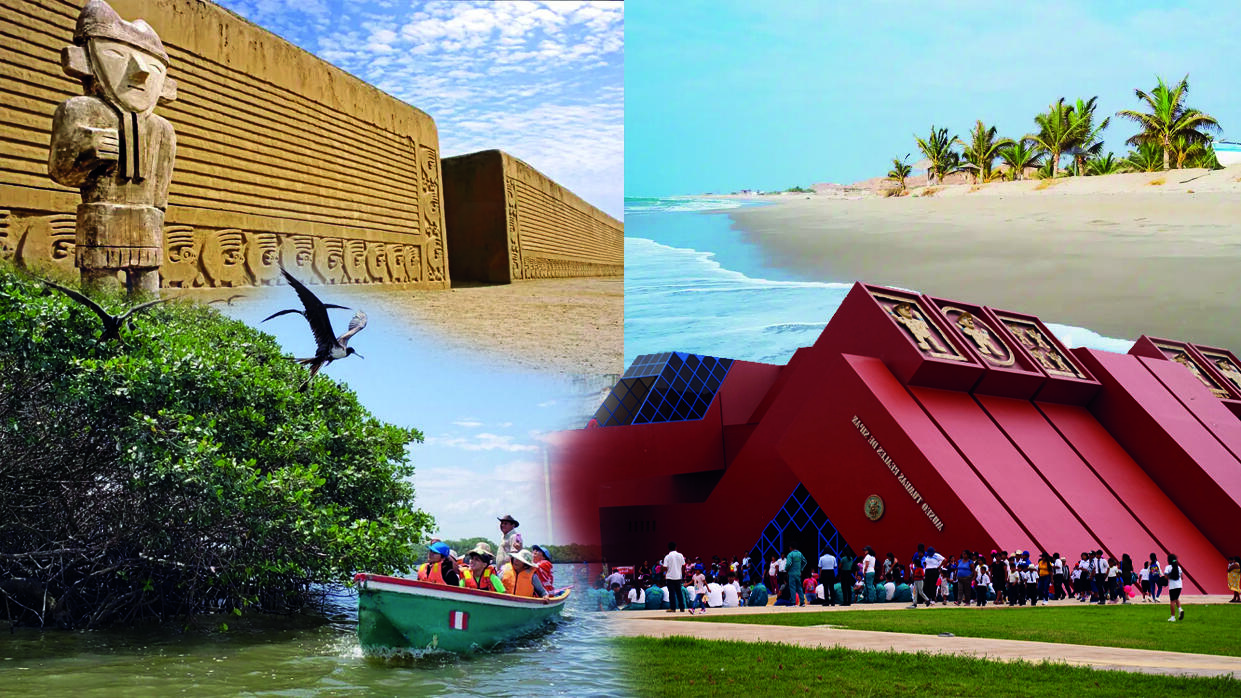 collage de lugares turisticos del norte peruano: ruinas de chan chan, manglares de tumbes, zorritos y museo del señor de sipán