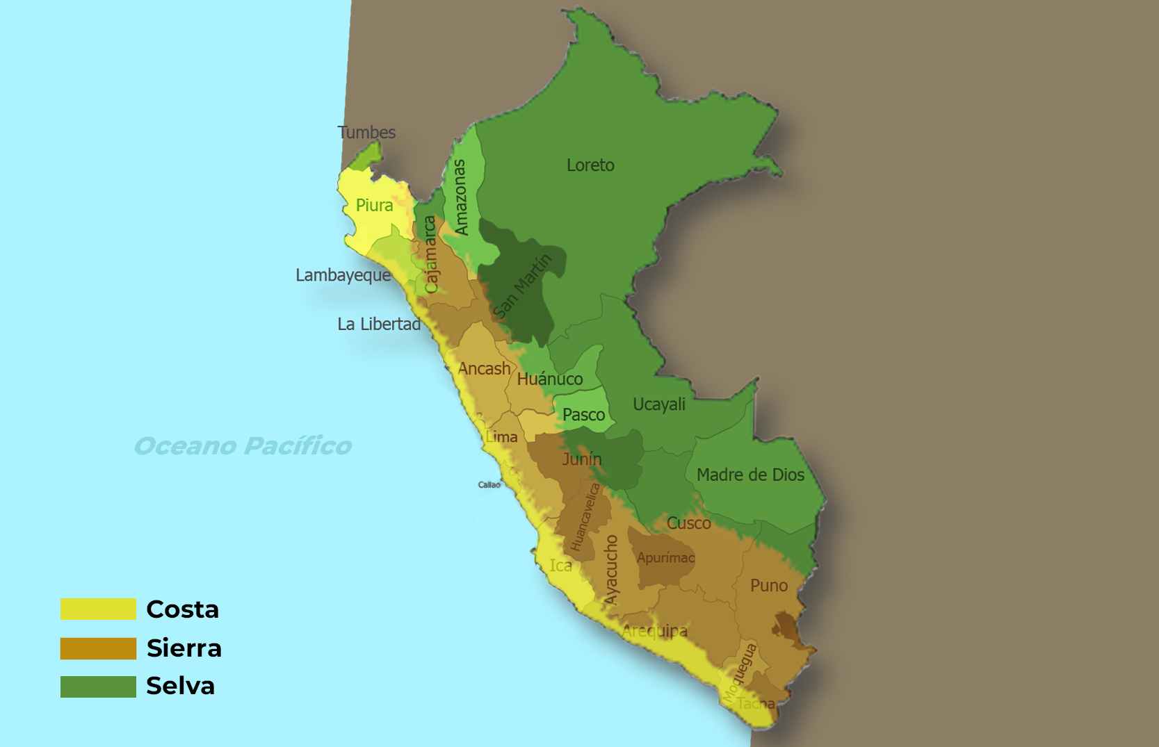 mapa del peru con los departamentos y la costa, sierra y selva destacados en la leyenda