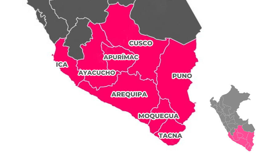 vista escalada del mapa del peru resaltando solo los departamentos que conforman la región sur del país