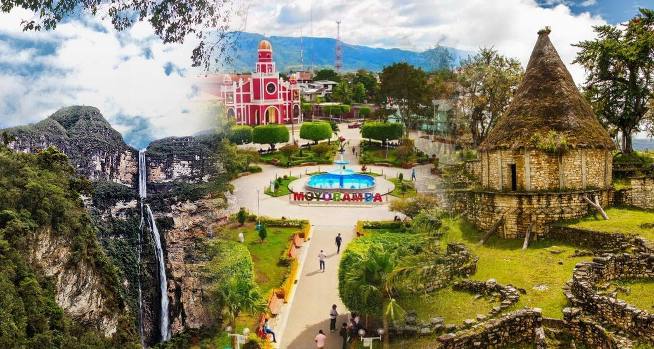 collage de la selva del norte peruano con mix de la catarat gocta, ruinas de kuelap y plaza de moyobamba
