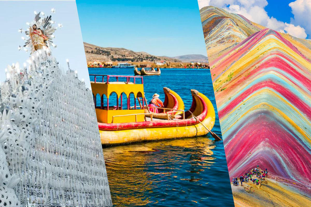 collage con foto de ayacucho, lago titicaca y montaña vinicunca