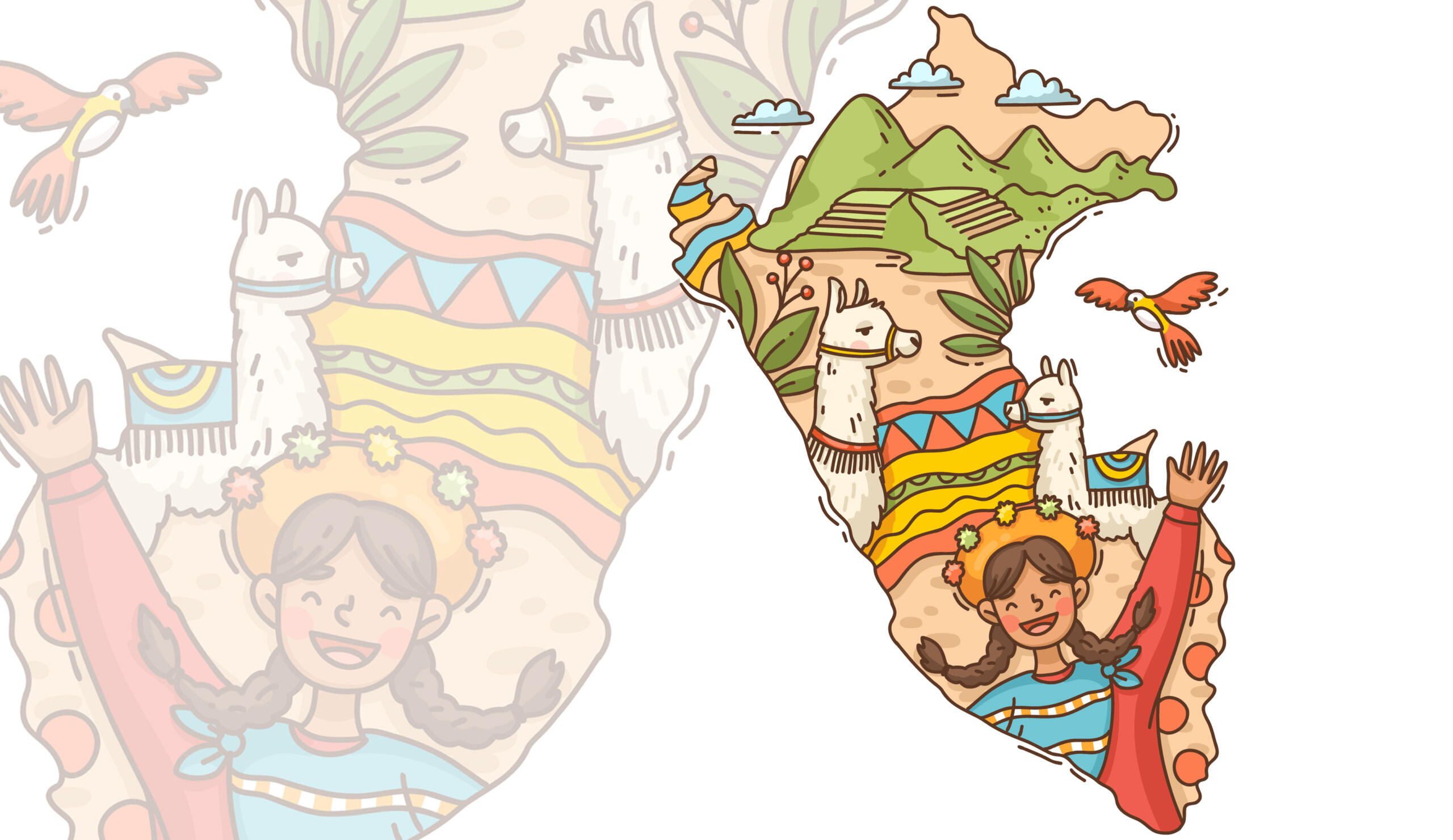 ilustracion del mapa del Peru con figuras animadas representativas saliendo del mapa: llamas, pariguana, ñusta y machu picchu