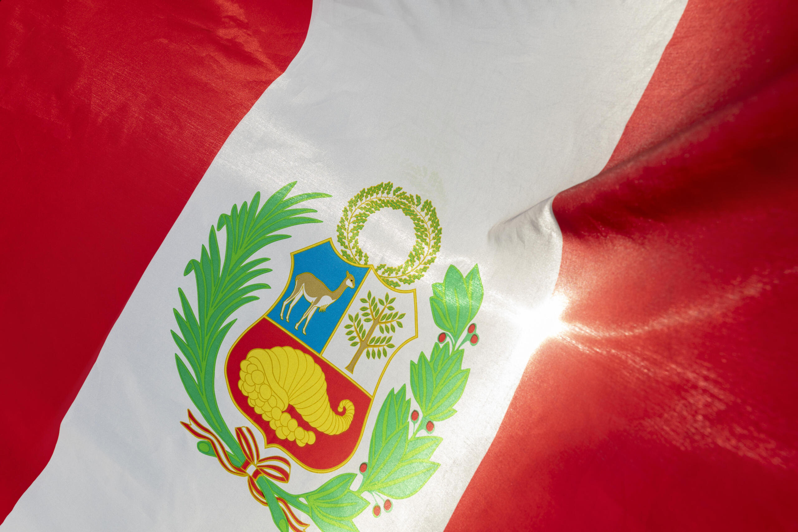 foto detalle de la bandera peruana con el escudo nacional iluminado por un destello del sol