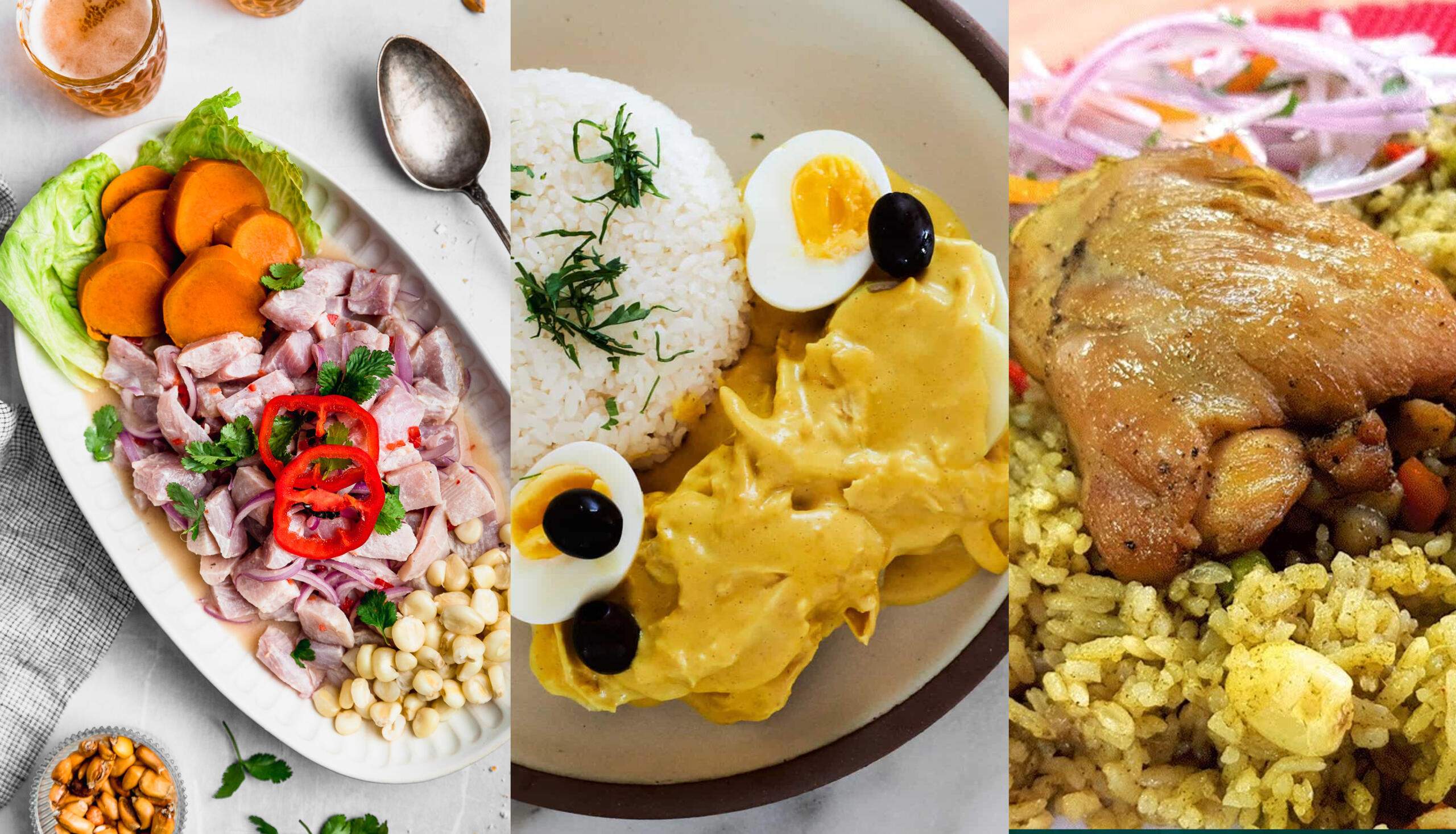 collage de tres platos representativos del occidente peruano: ceviche, ají de pollo y arroz con pollo